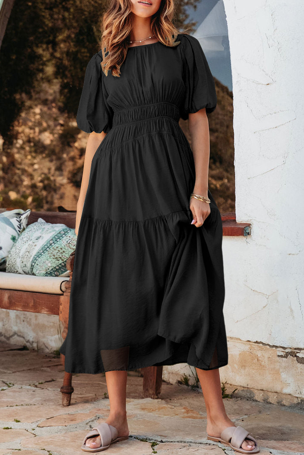 Grapefruit Orange Puff Sleeve Pleated High Waist Flowy Long Dress
