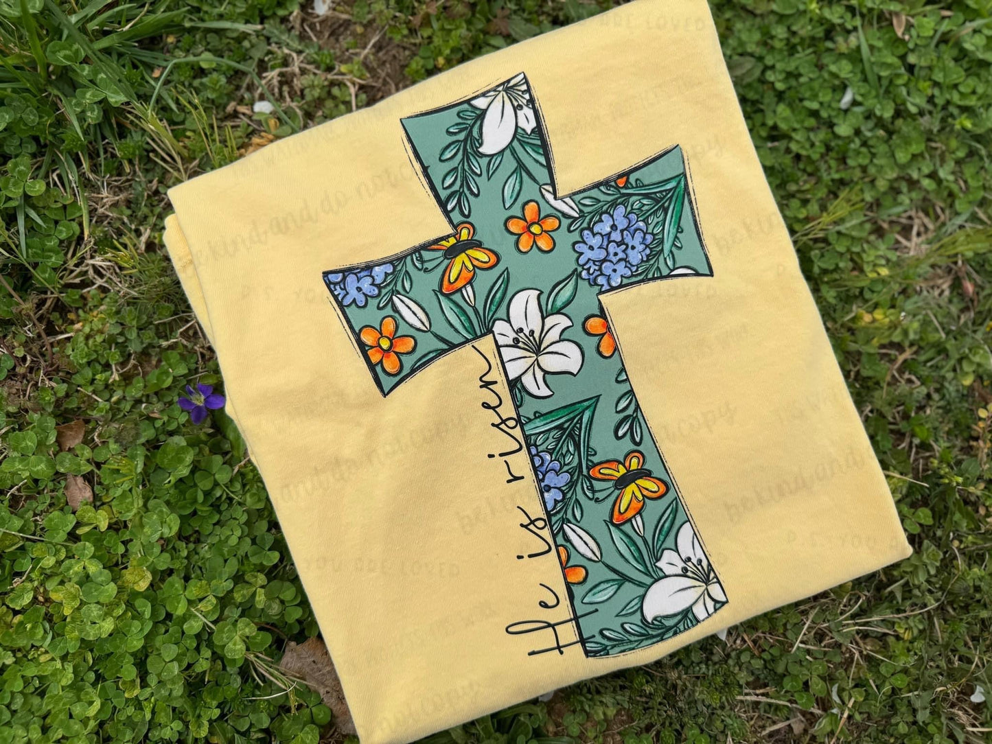 He is Risen Floral Cross Completed Tee
