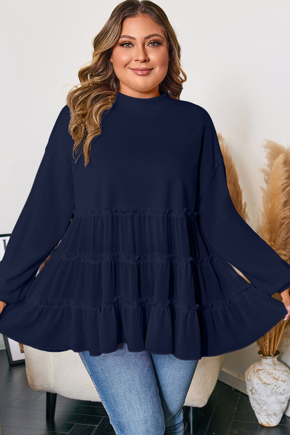 Navy Blue Tiered Ruffle Ribbed Crew Neck Pullover Plus Size Top