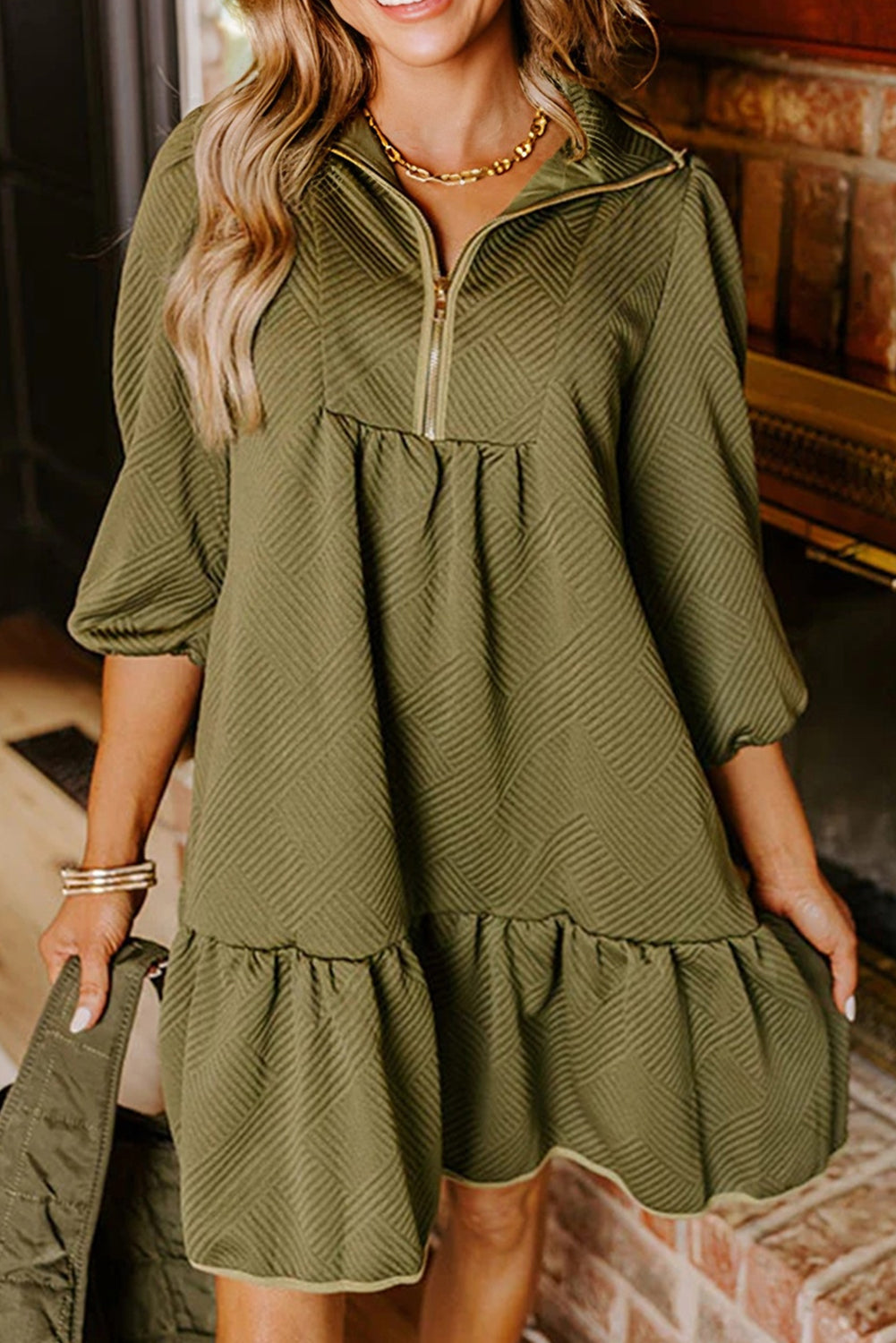 Desert Gold Quarter Zip Collar Bracelet Sleeve Textured Mini Dress
