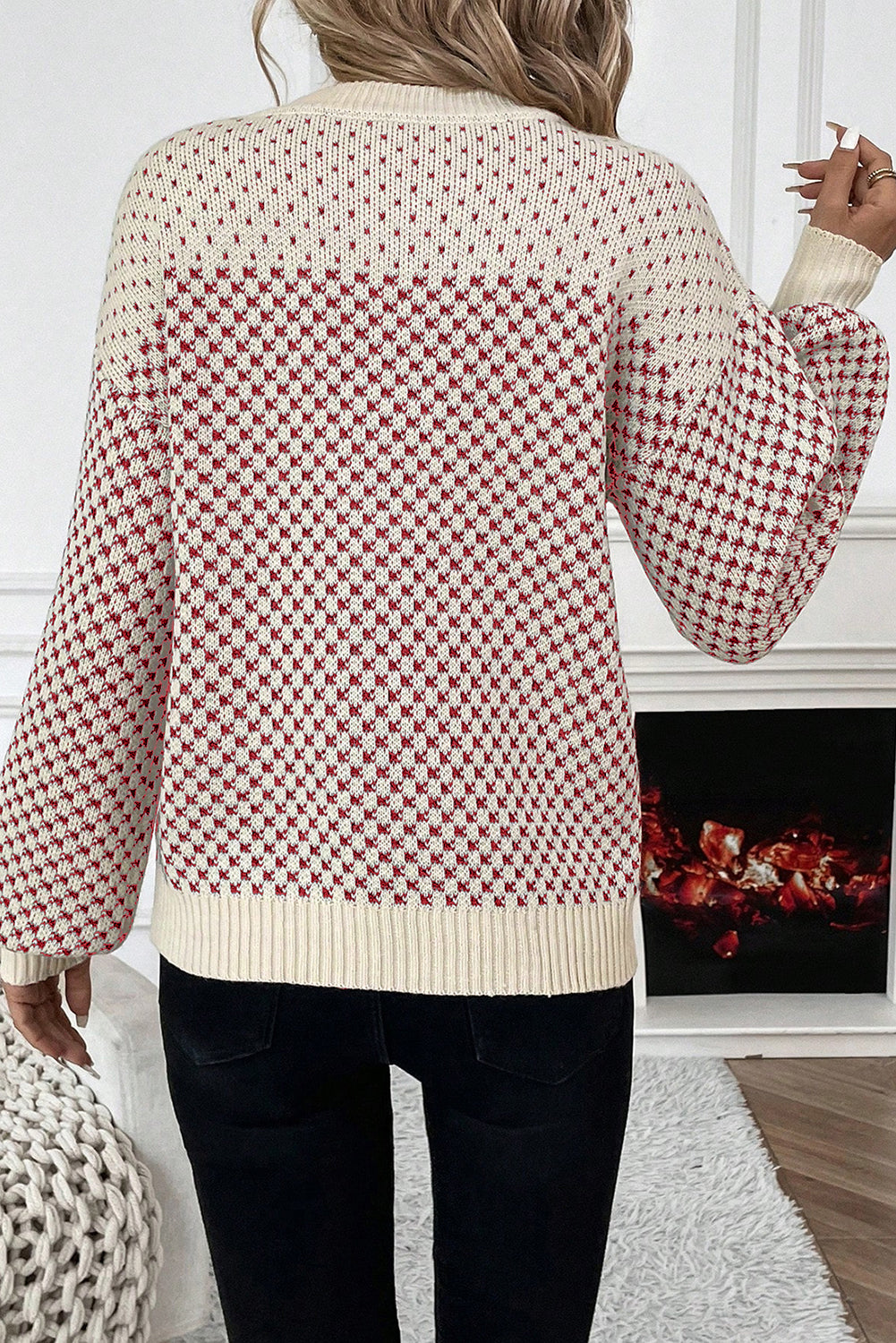Red Contrast Color Pattern Lantern Sleeve Sweater