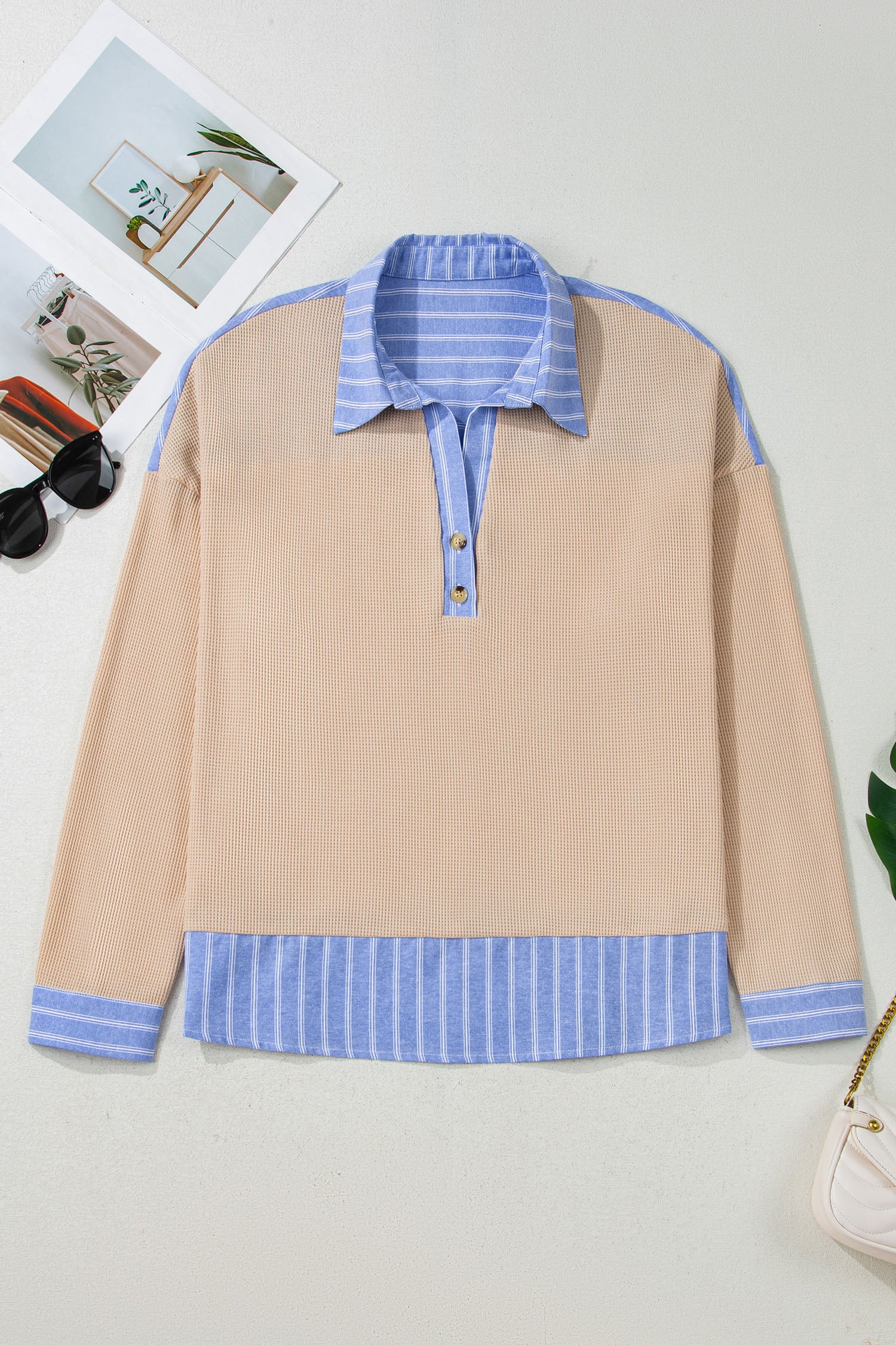 Parchment Plus Size Striped Contrast Trim Waffle Knit Collared Top