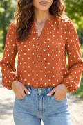 Brown Polka Dot Half Button V Neck Long Sleeve Blouse