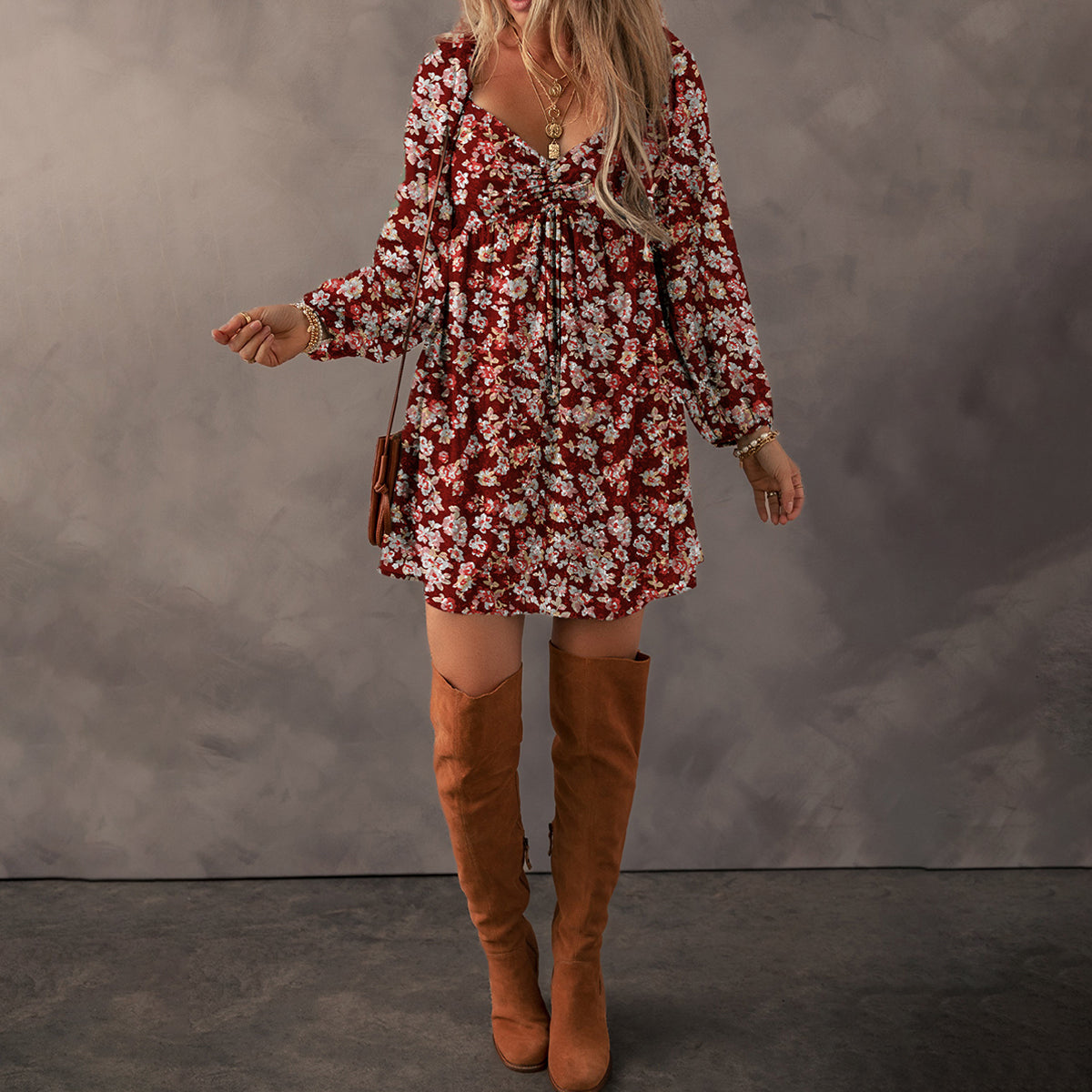 Red Floral Print Sweetheart Neck Shirred Back Mini Dress