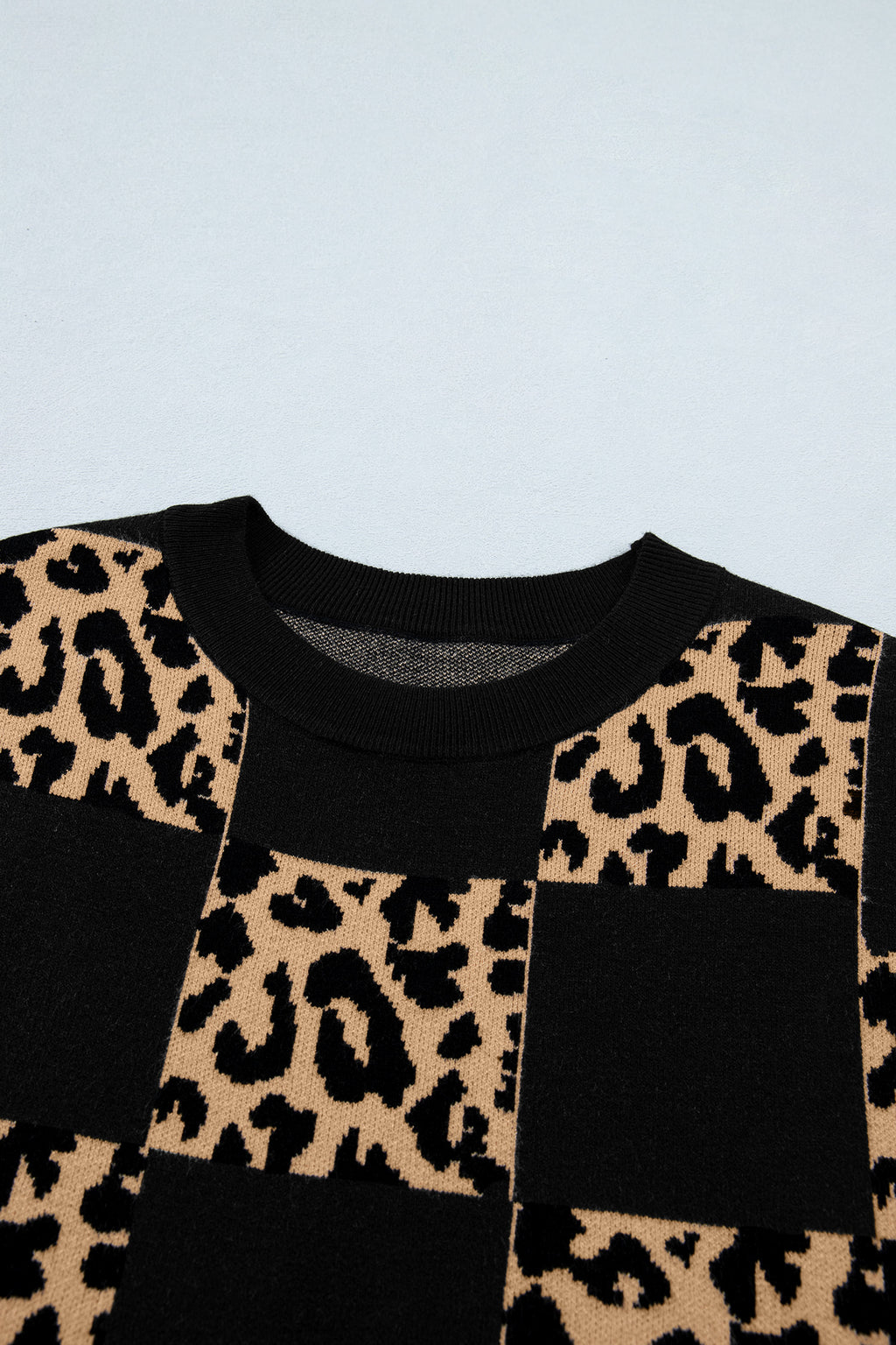 Rose Red Leopard Checkerboard Short Sleeve Knit Sweater