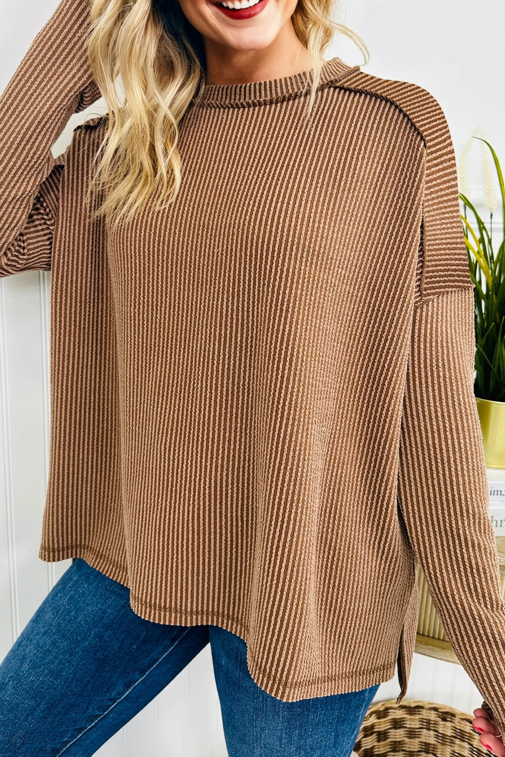 Dark Khaki Twist Ribbed Exposed Seam Detail Long Sleeve Loose Top