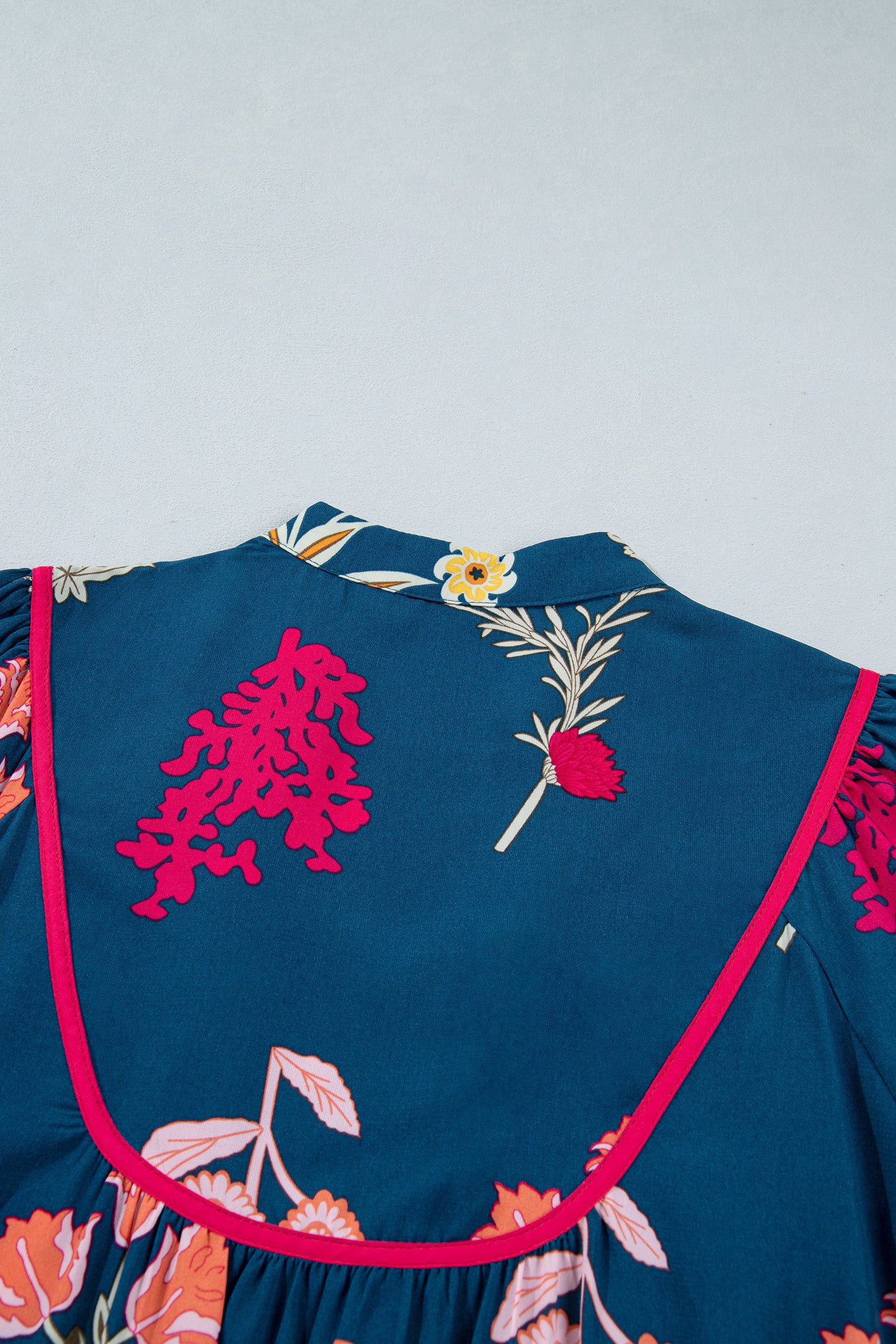 Blue Floral Print Gathered Neckline 7/8 Sleeve Casual Midi Dress
