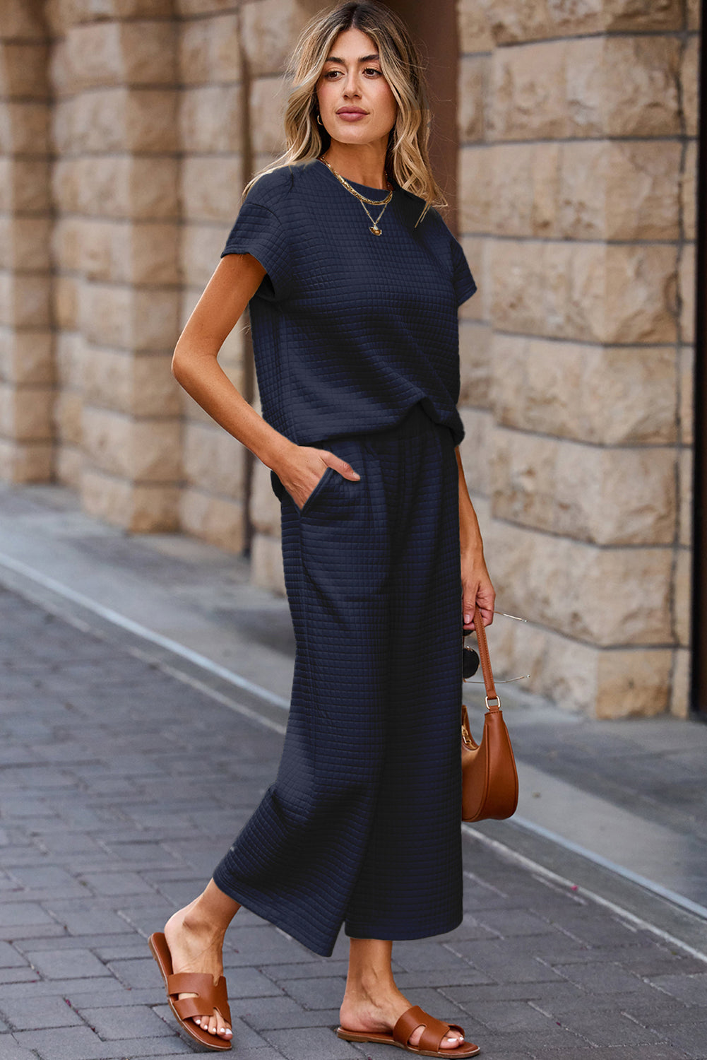 Parchment Solid Color Textured Short Sleeve Top and Casual Pants Set