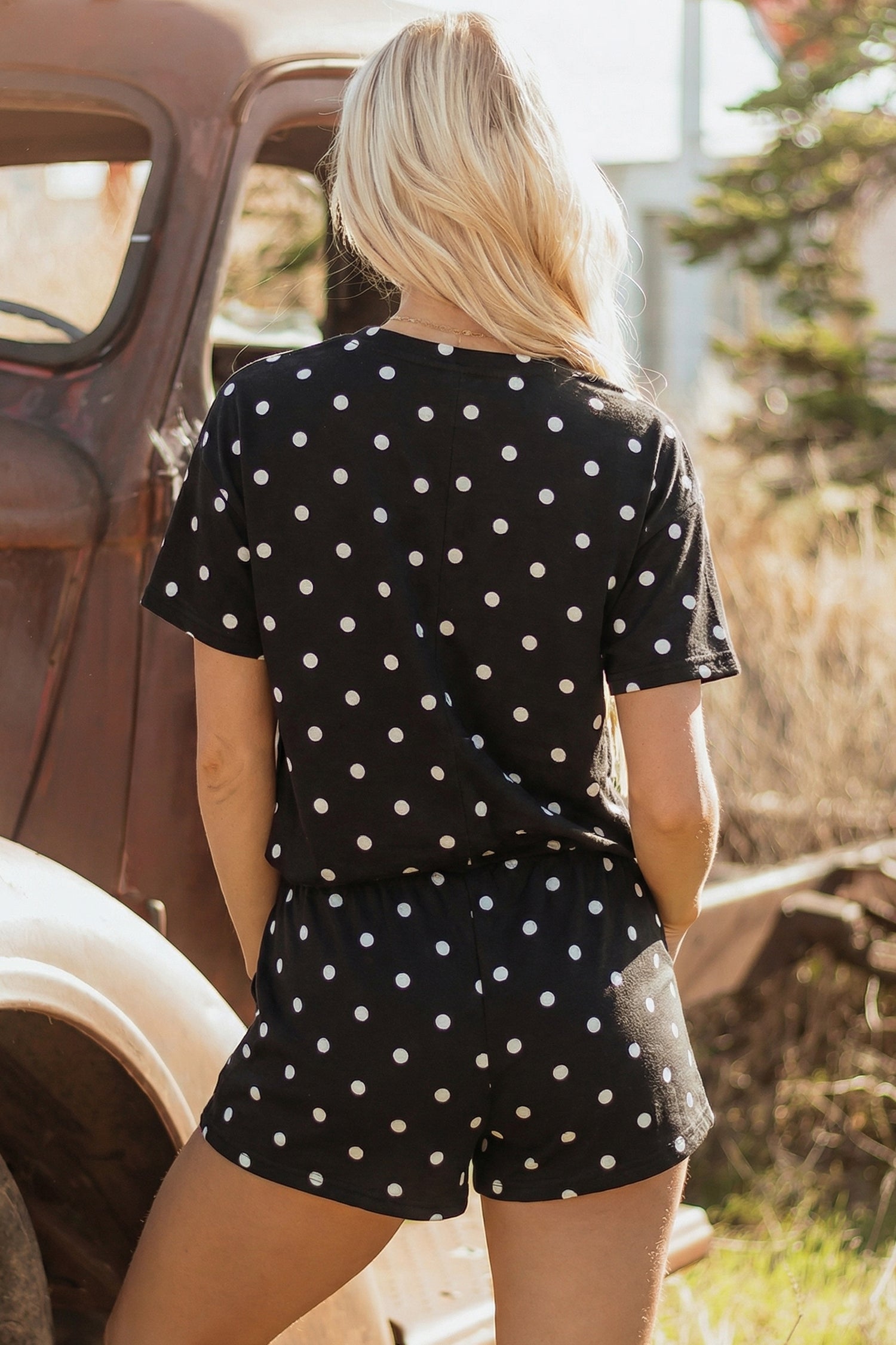 Pink Exposed Seam Detail Polka Dot Loose Tee Drawstring Shorts Set