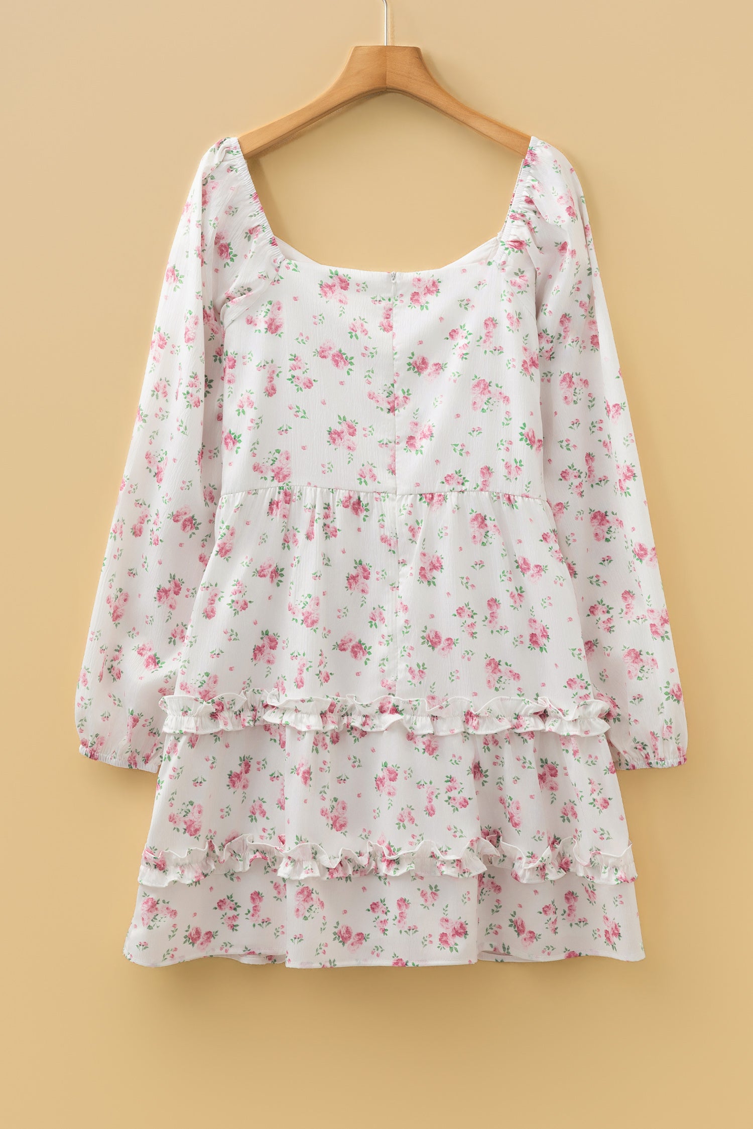 Pink Floral Print Long Sleeve Ruffle Detail Flared Mini Dress