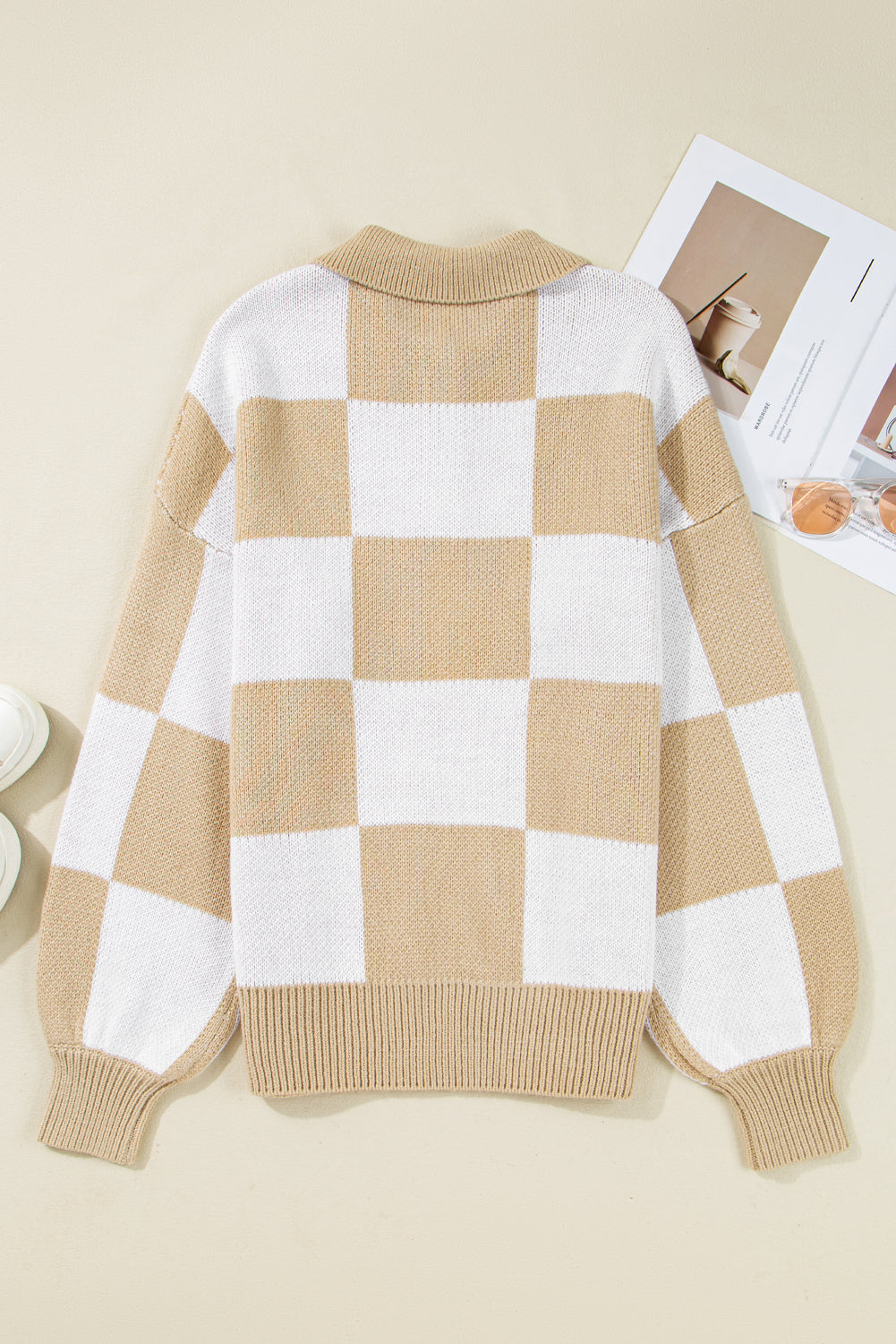 Mist Green Checkered Pattern Polo Collar Loose Sweater