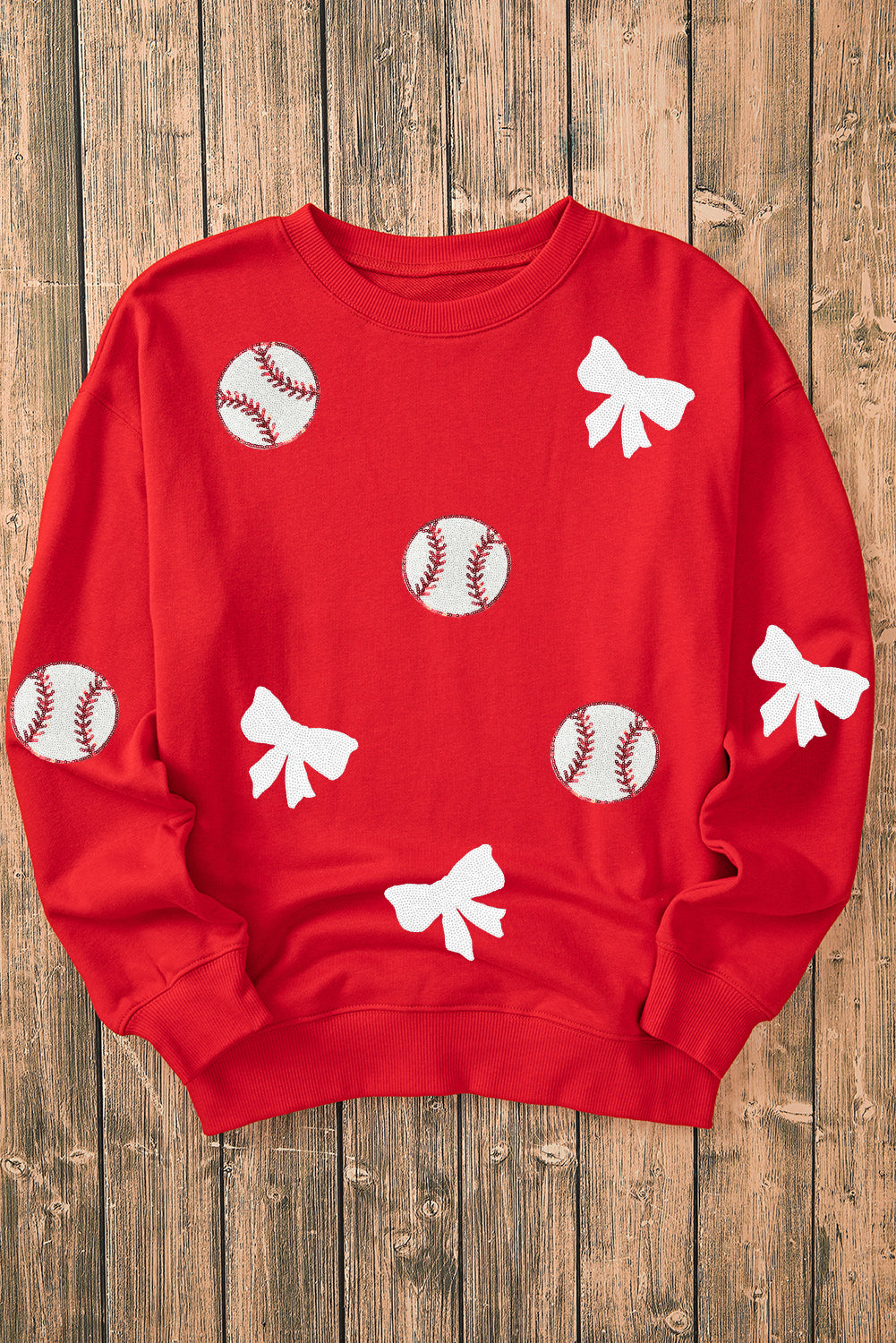 Red Sequin Baseball Bow Patched Pattern Game Day Pullover Sweatshirt