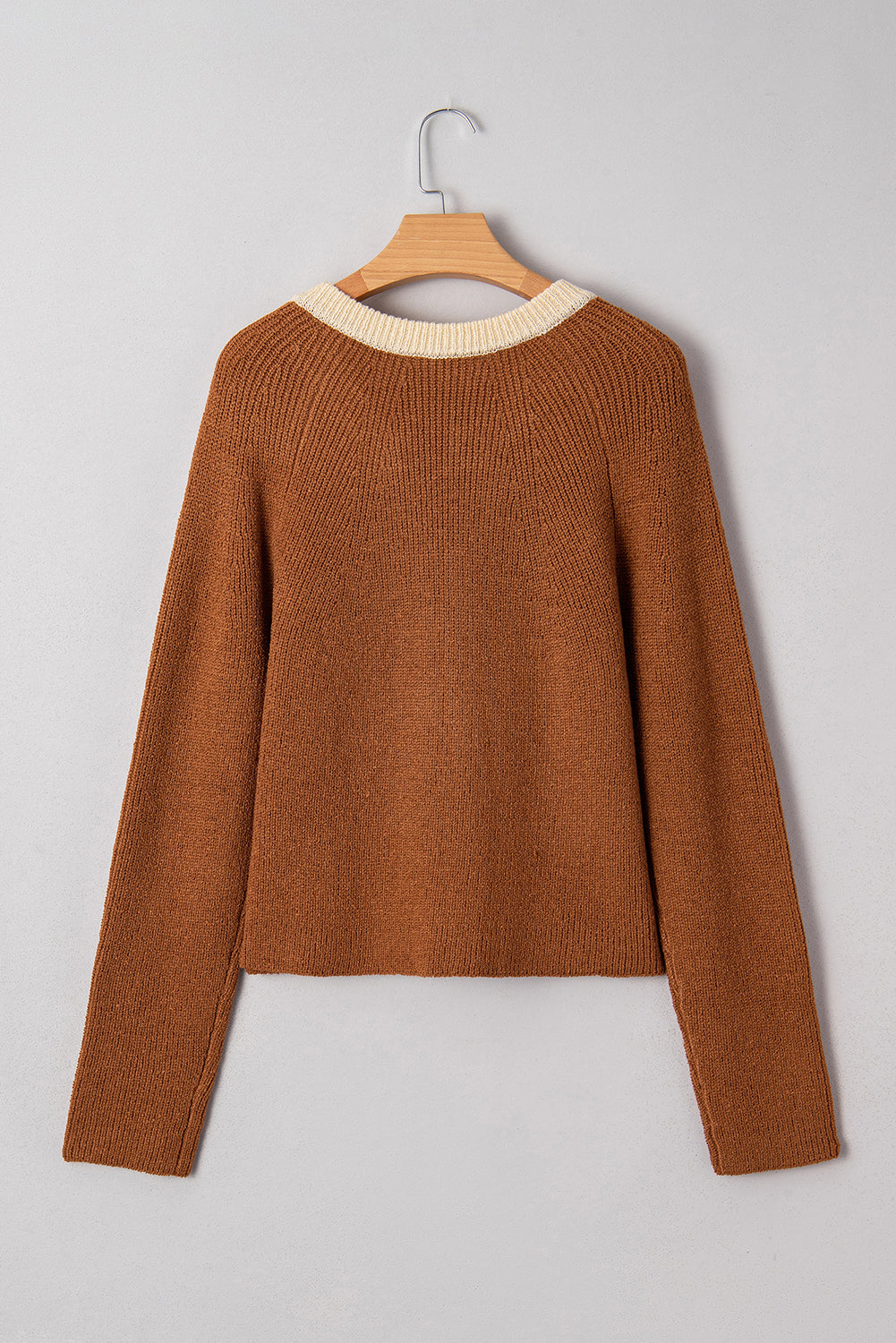 Chestnut Contrast Knit V Neckline Short Cardigan