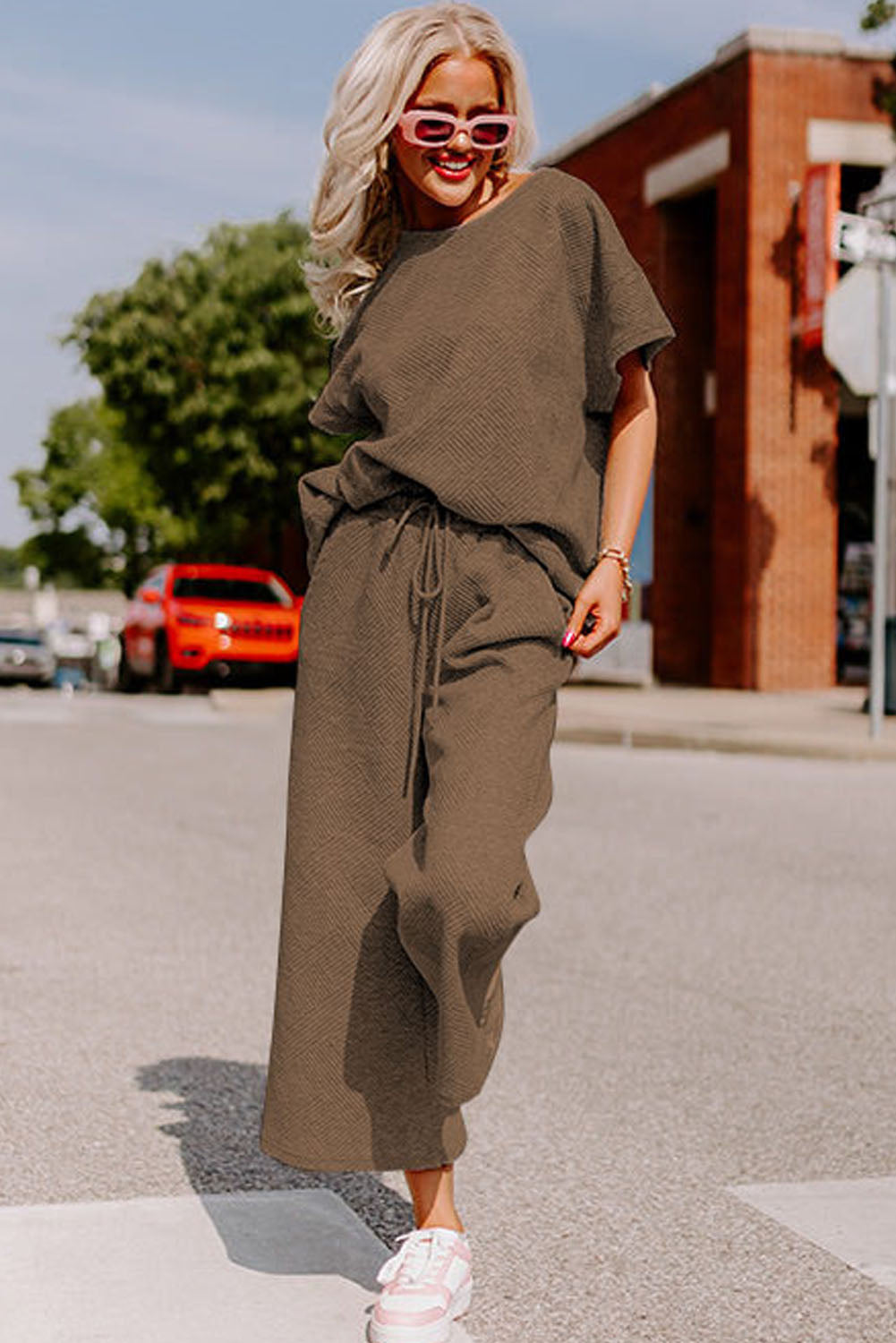 Strawberry Pink Textured Loose Fit T Shirt and Drawstring Pants Set