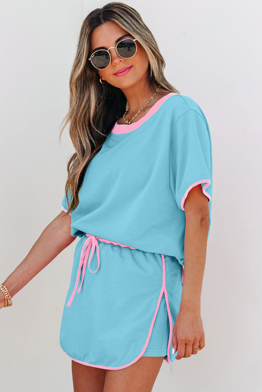 Evergreen Colorblock Edge Drop Shoulder T Shirt and Skirt 2Pcs Set