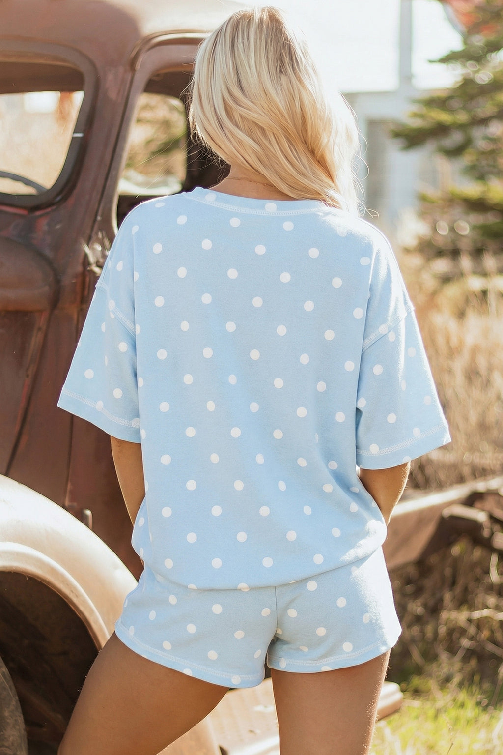 Pink Exposed Seam Detail Polka Dot Loose Tee Drawstring Shorts Set