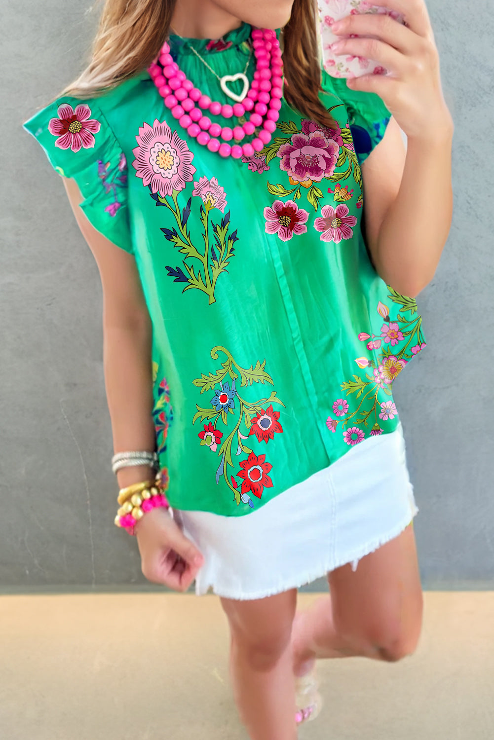Green Floral Print Flutter Sleeve Frilly Neck Blouse