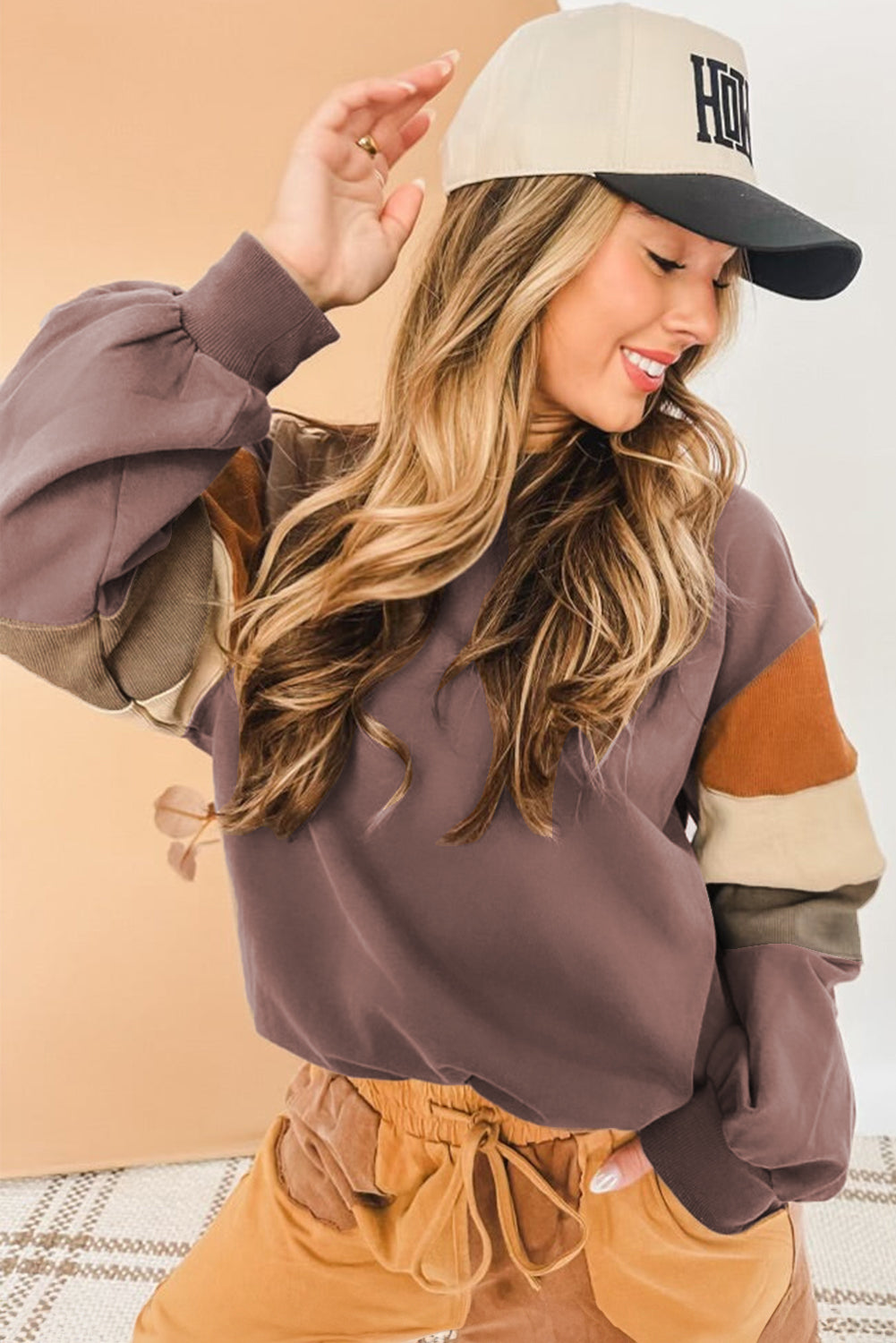 Dark Khaki Color Block Drop Shoulder Pullover Casual Sweatshirt