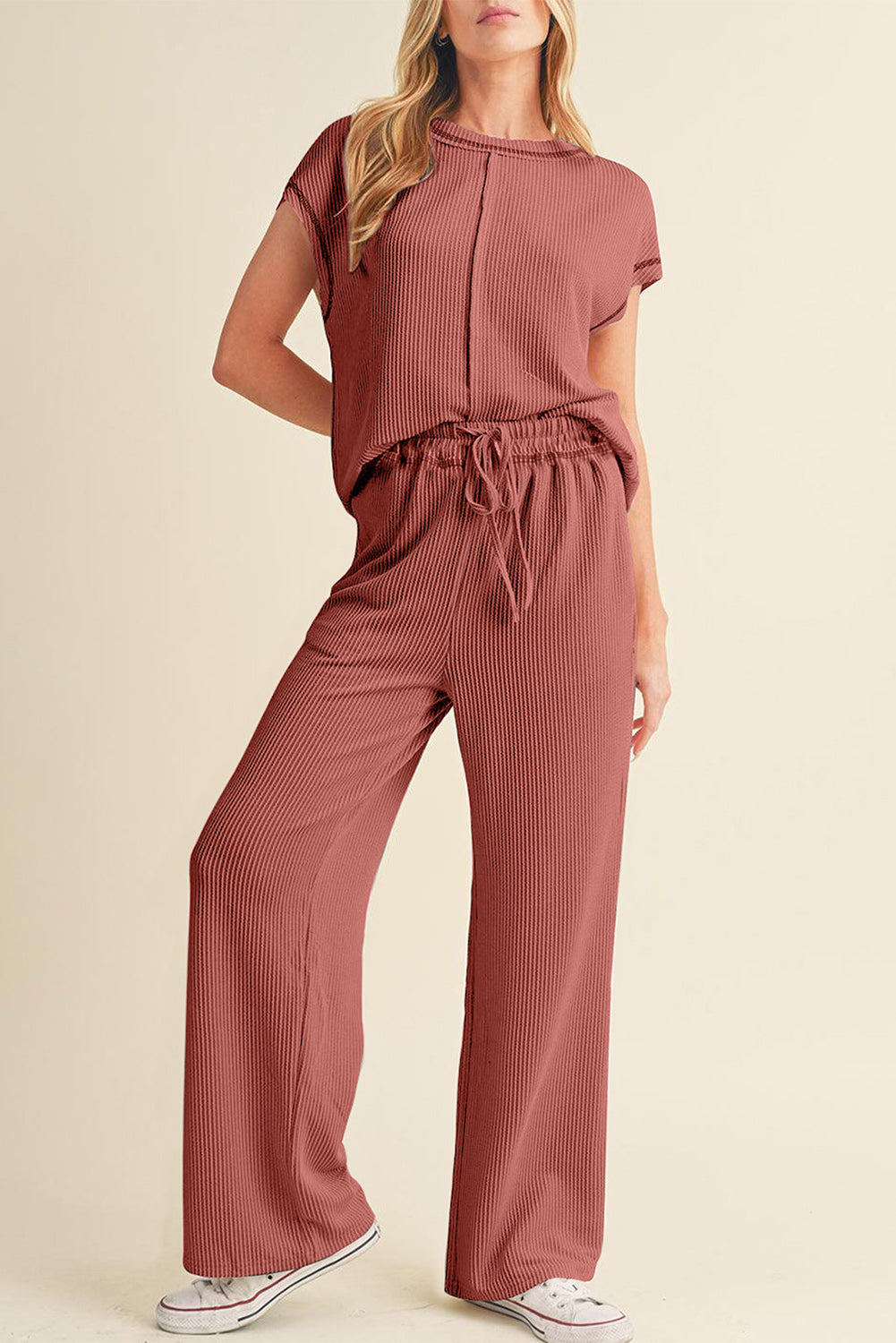 Coffee Solid Color Corded Short Sleeve Top and Casual Pants Set