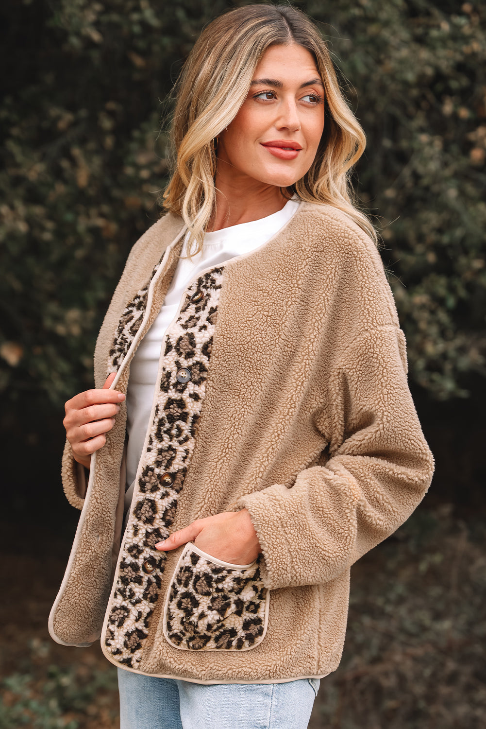 Casual Leopard Print Accent Plush Jacket with Pockets