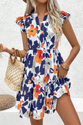 Orange Floral Print Notched Neck Flutter Sleeve Mini Dress