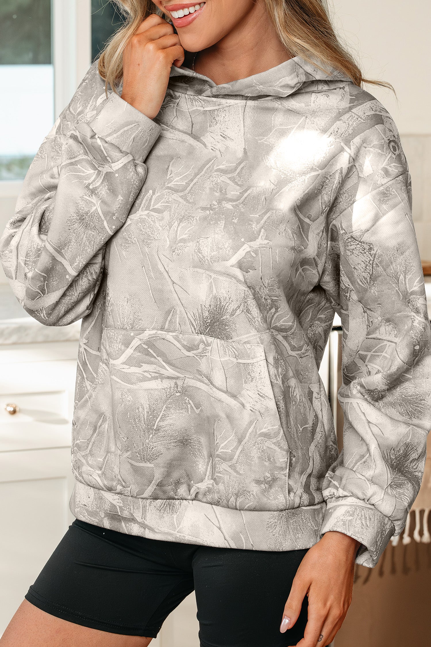 Light Pink Camouflage Woodland Print Oversized Sporty Hoodie