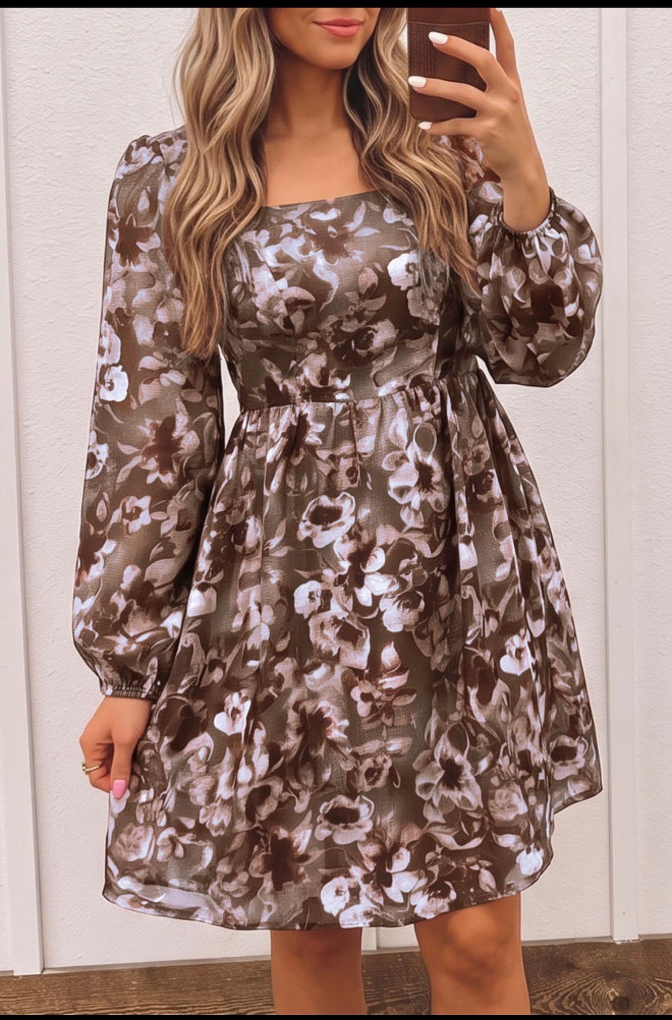 Brown floral print square neck long sleeve dress