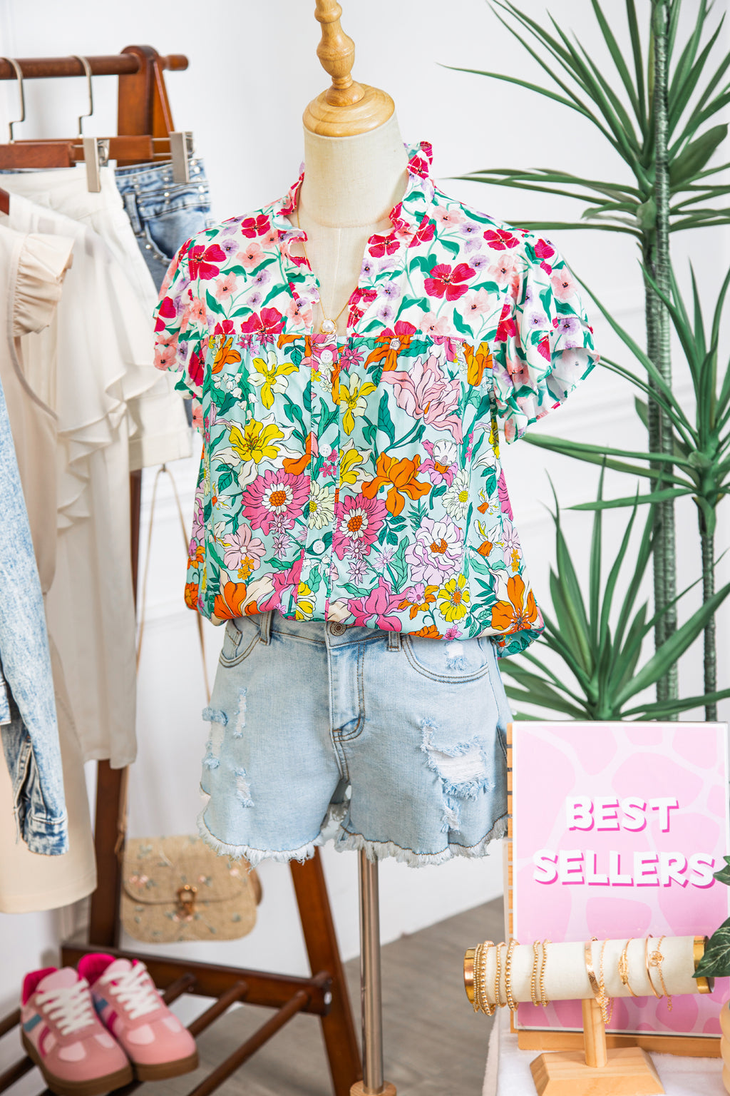 Sky Blue Floral Print Split Neck Button Front Flutter Sleeve Blouse