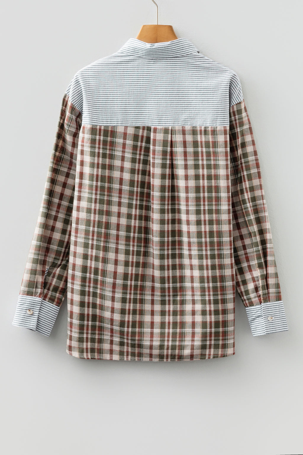 Brown Plaid Print Striped Patchwork Single Chest Pocket Buttoned Shirt