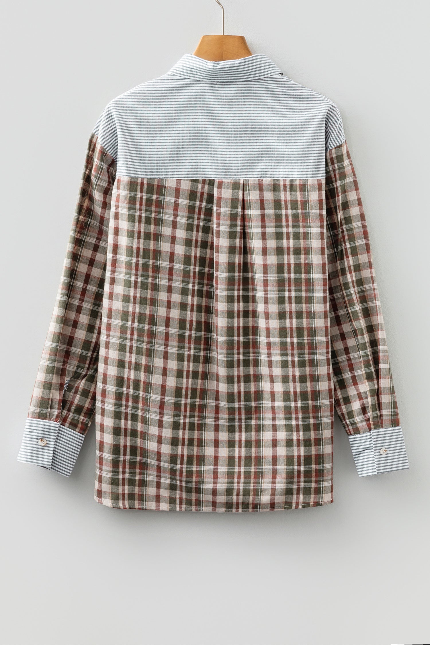 Brown Plaid Print Striped Patchwork Single Chest Pocket Buttoned Shirt