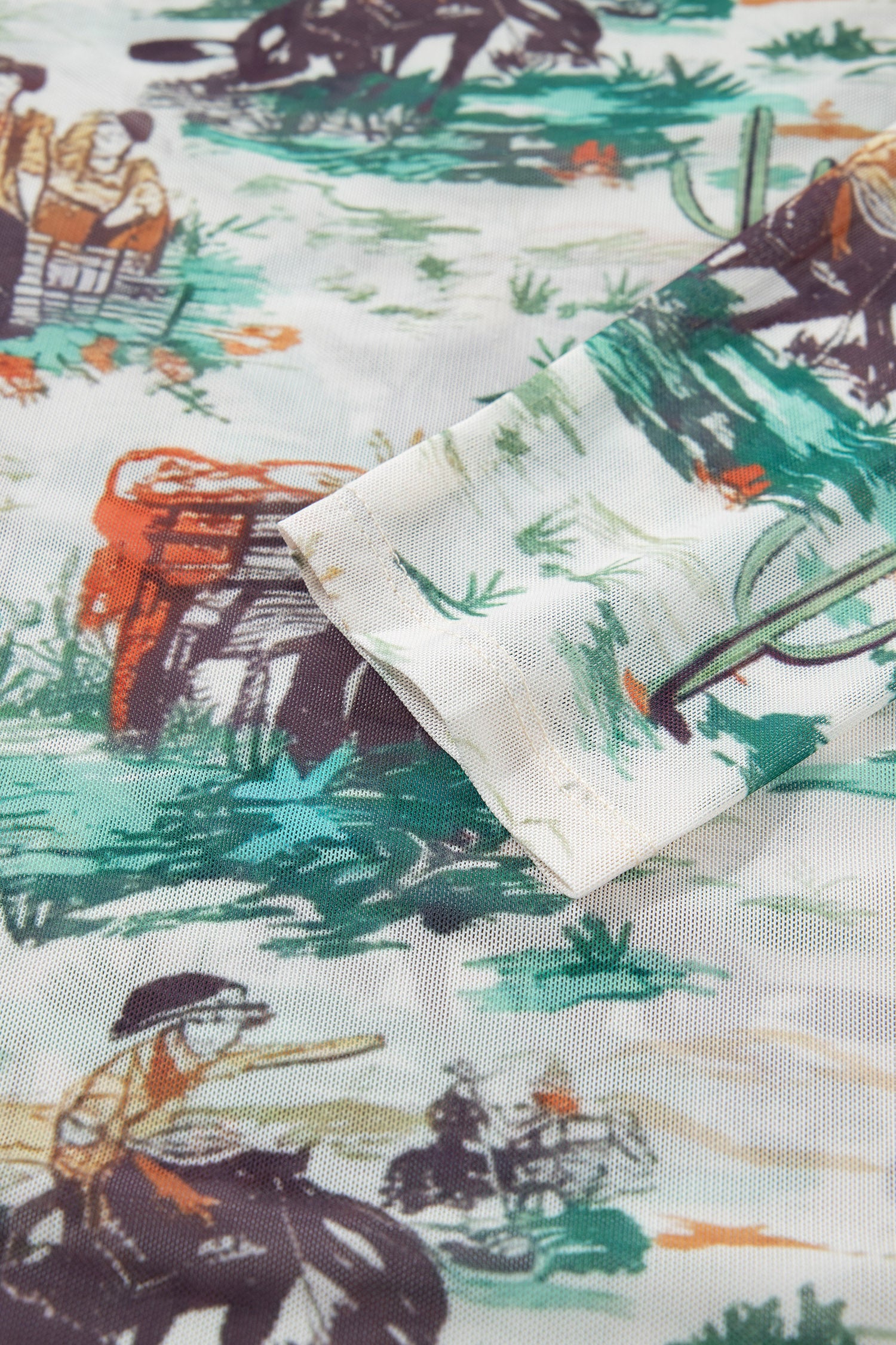 Green Western Print Long Sleeve Round Neck Slim Top