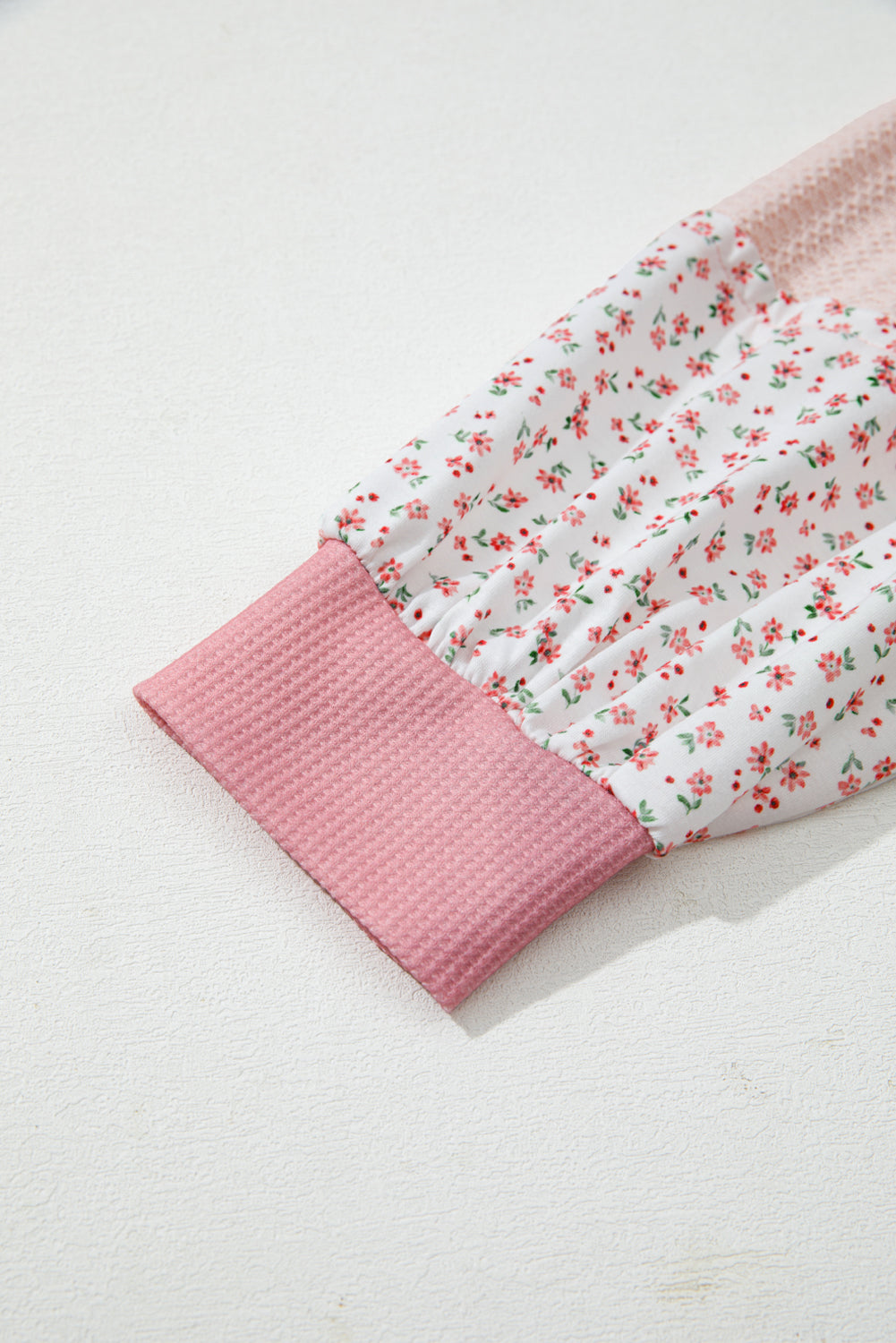 Pink Floral Patched Waffle Textured Colorblock V Neck Casual Hooded Top