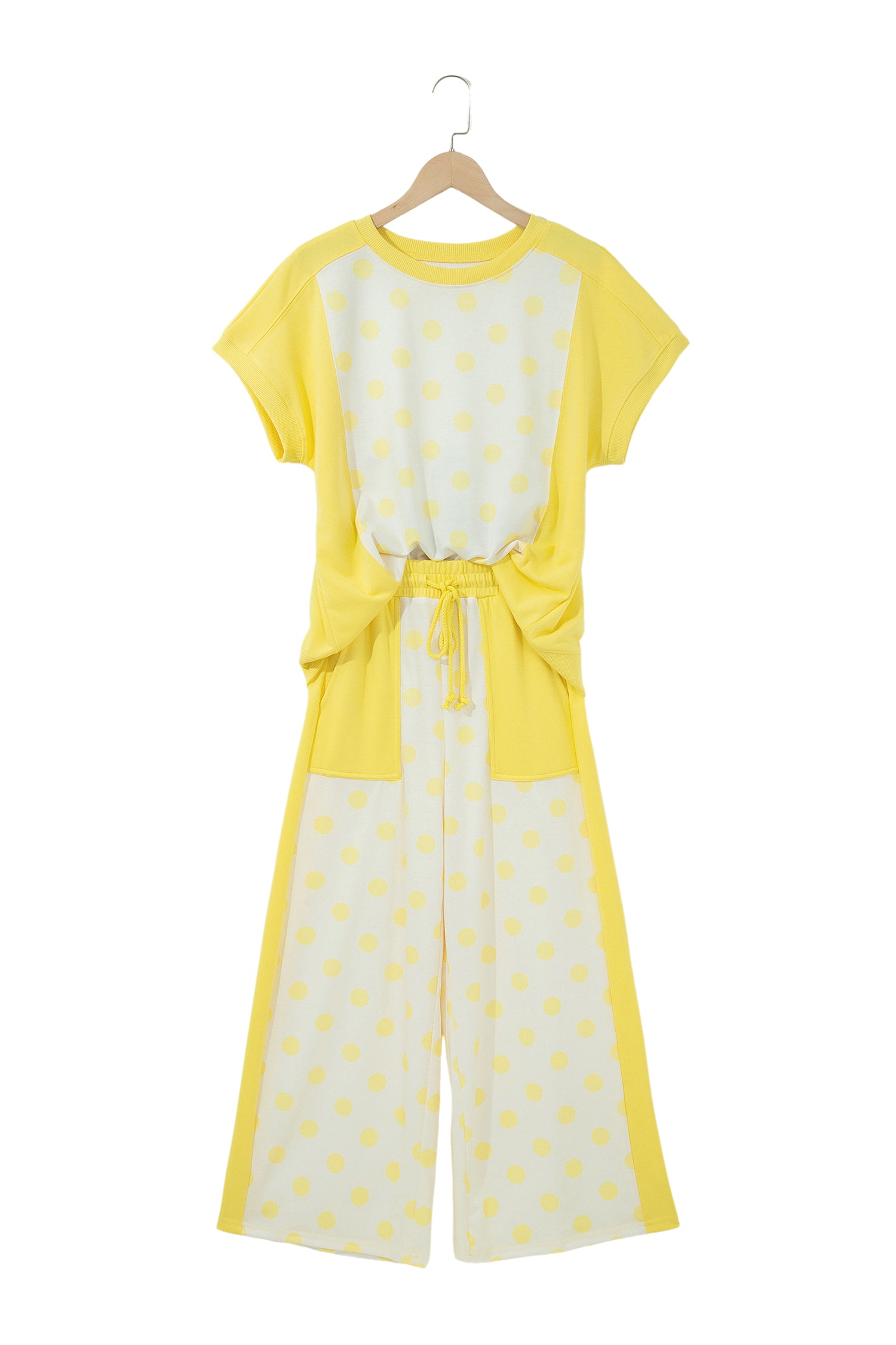 Green Color Block Patchwork Polka Dot Wide Leg Pant Set
