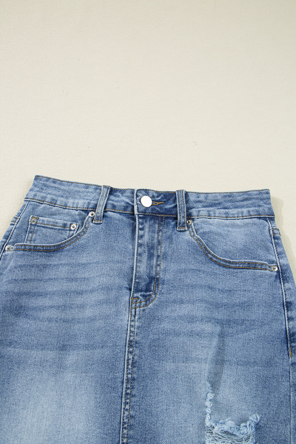 Myosotis Irregular Distressed Bottom Denim Midi Skirt