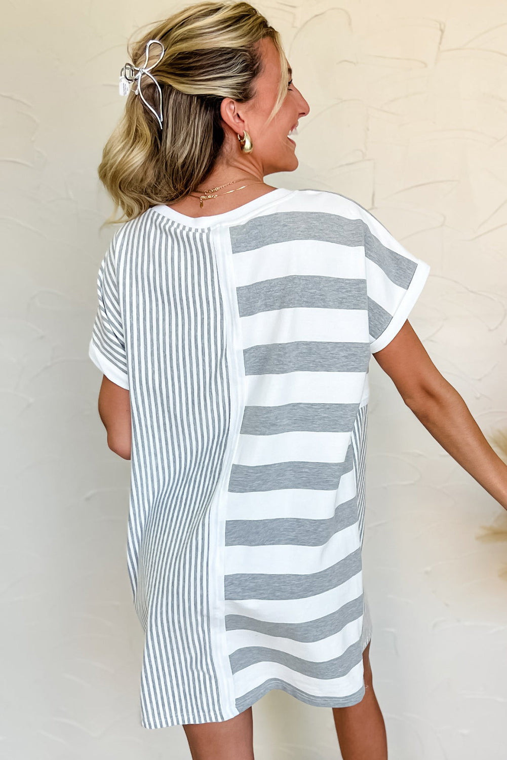 Blue Stripe Mixed Printed Short Sleeve Shift Mini T Shirt Dress