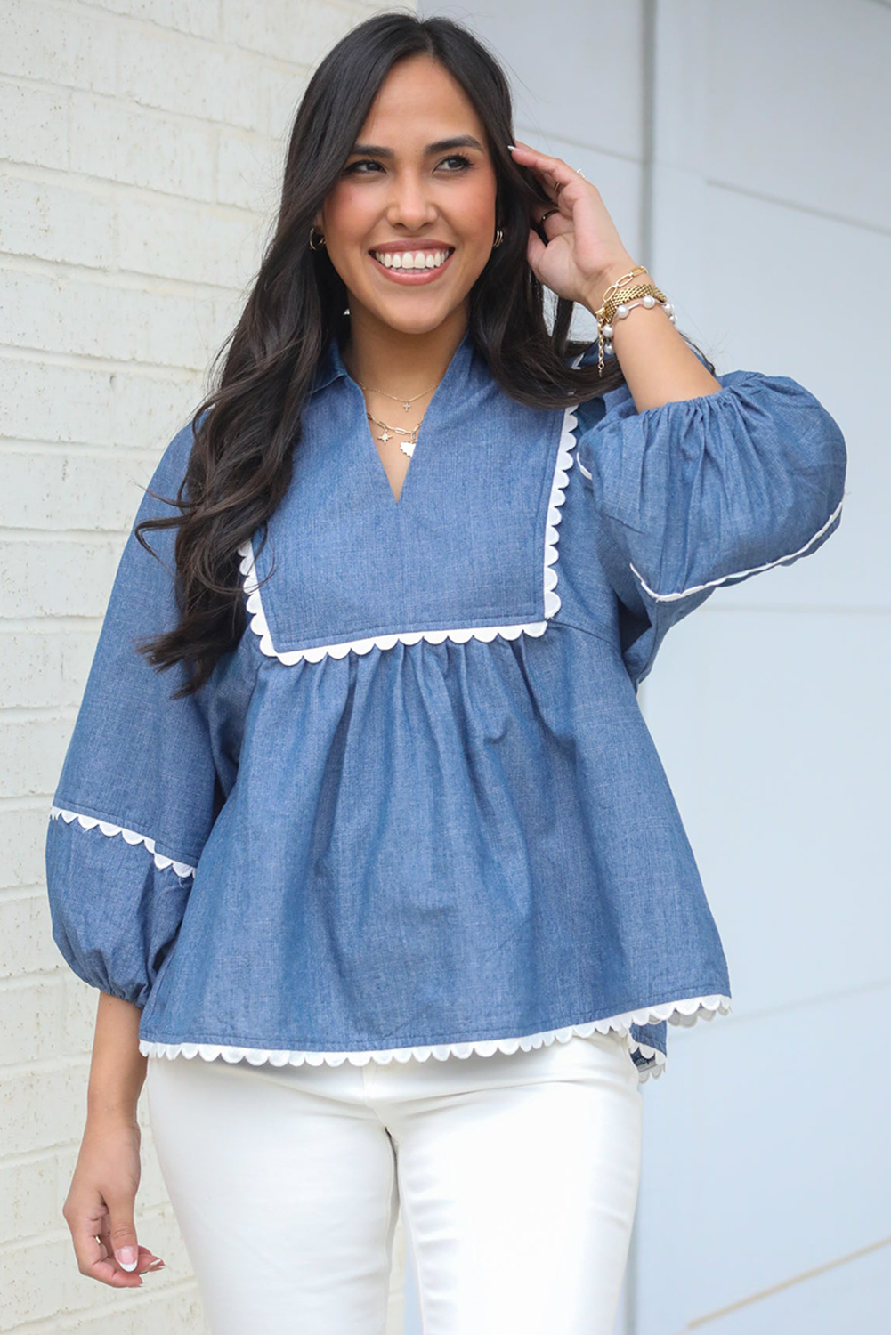 Dusk Blue Lace Ric Rac 3/4 Puff Sleeve Collared Babydoll Blouse