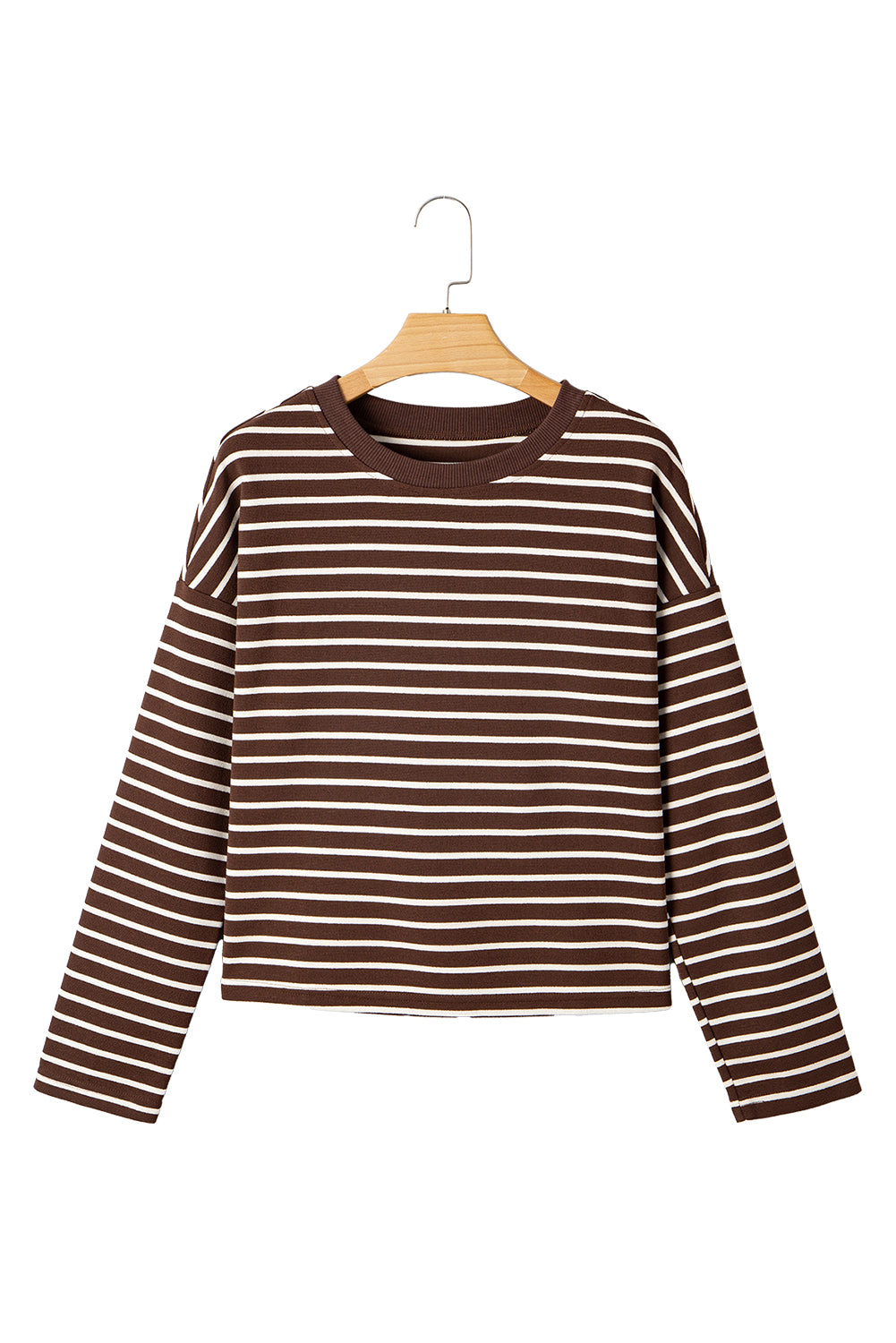 Brown Stripe Ribbed Cropped Crew Neck Long Sleeve T Shirt
