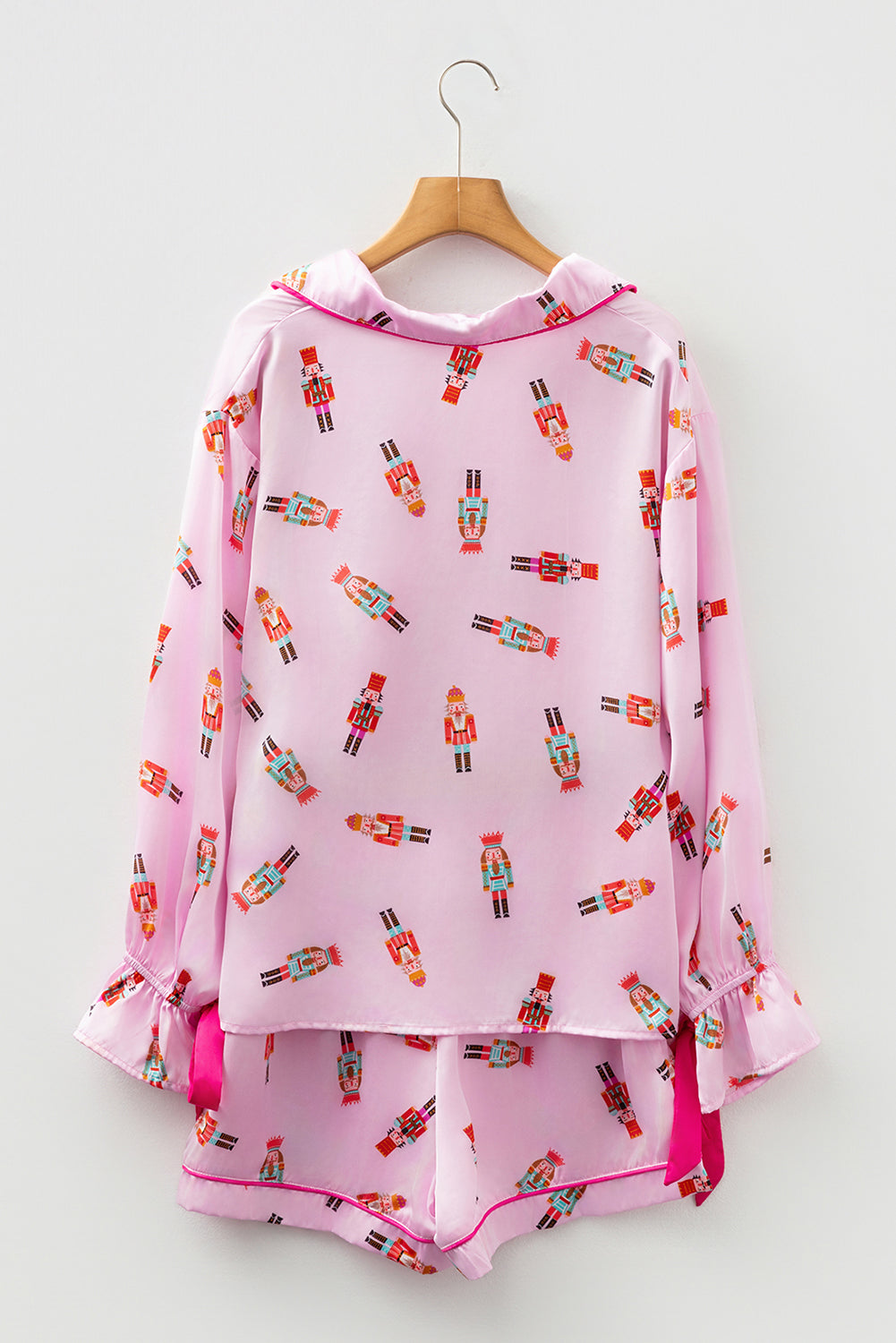 Pink Nutcracker Print Contrast Trim Tied up Bow Silky 2pcs Pajama Set