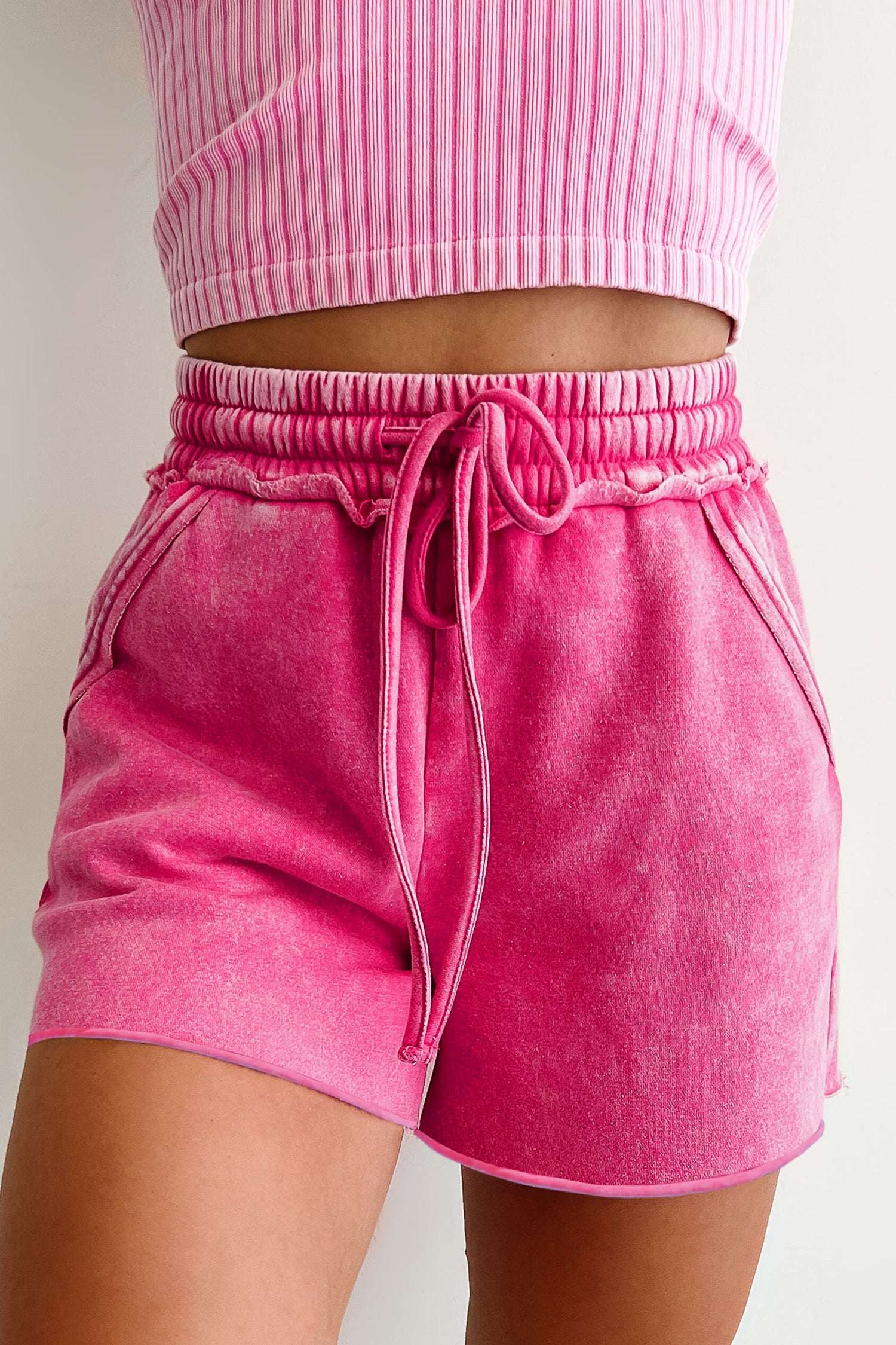 Sky Blue Mineral Washed Drawstring Elastic Waist Raw Cut Shorts