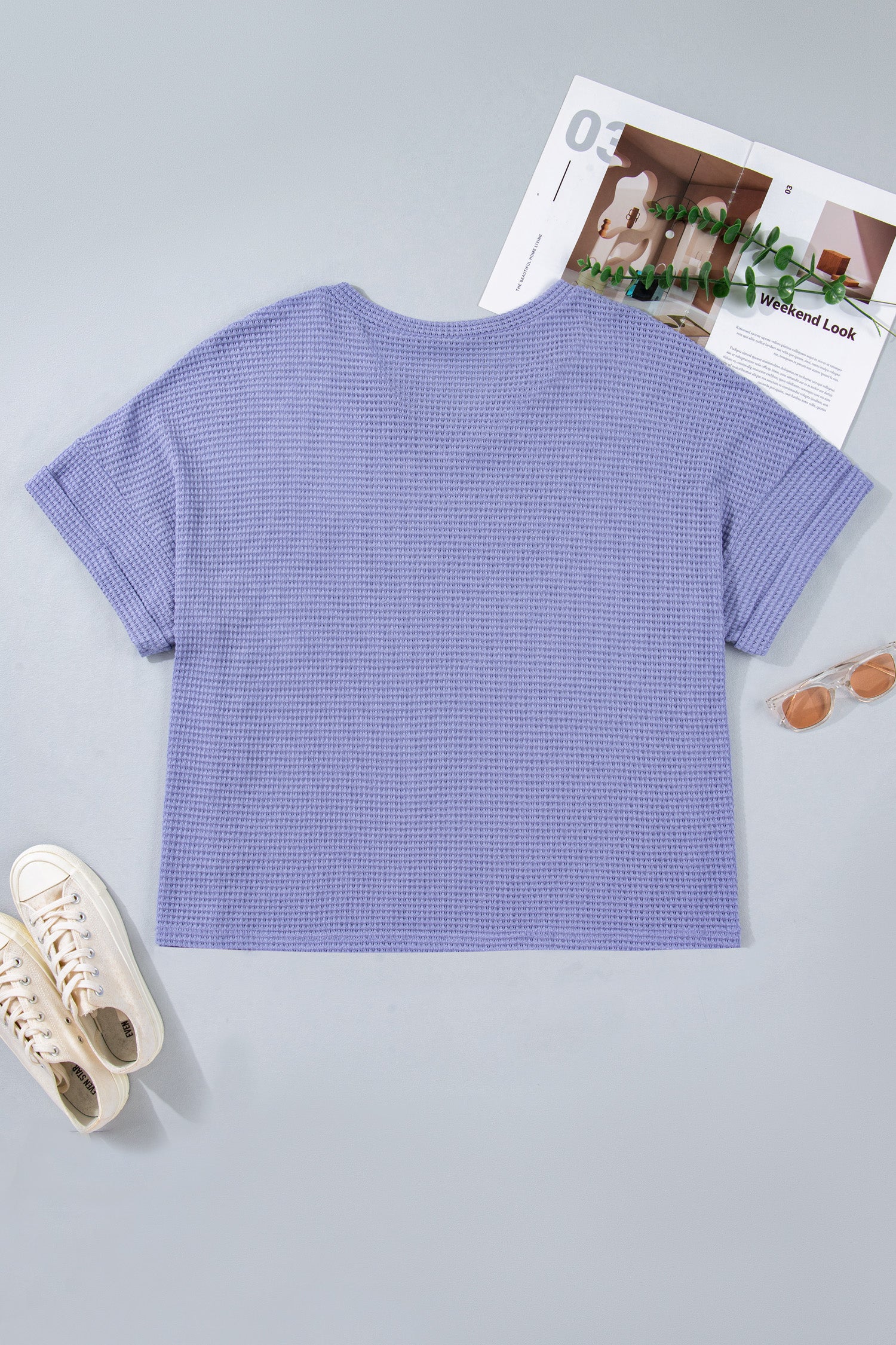 Wisteria V Neck Short Sleeve Plus Size Waffle Knit Top