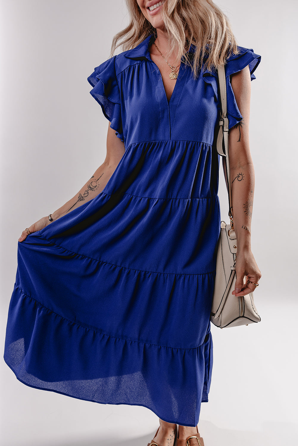 Bluing Ruffled Short Sleeve Collared V Neck Tiered Midi Dress