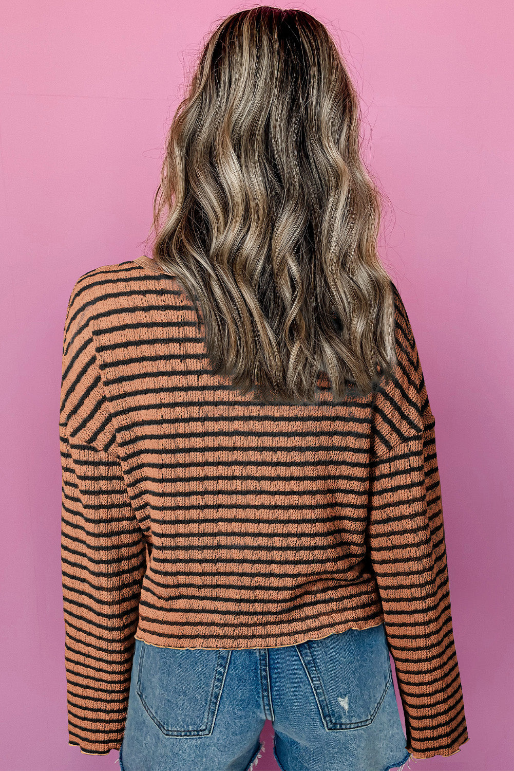 Sky Blue Stripe Textured Frilly Trim Buttons Henley Long Sleeve Top