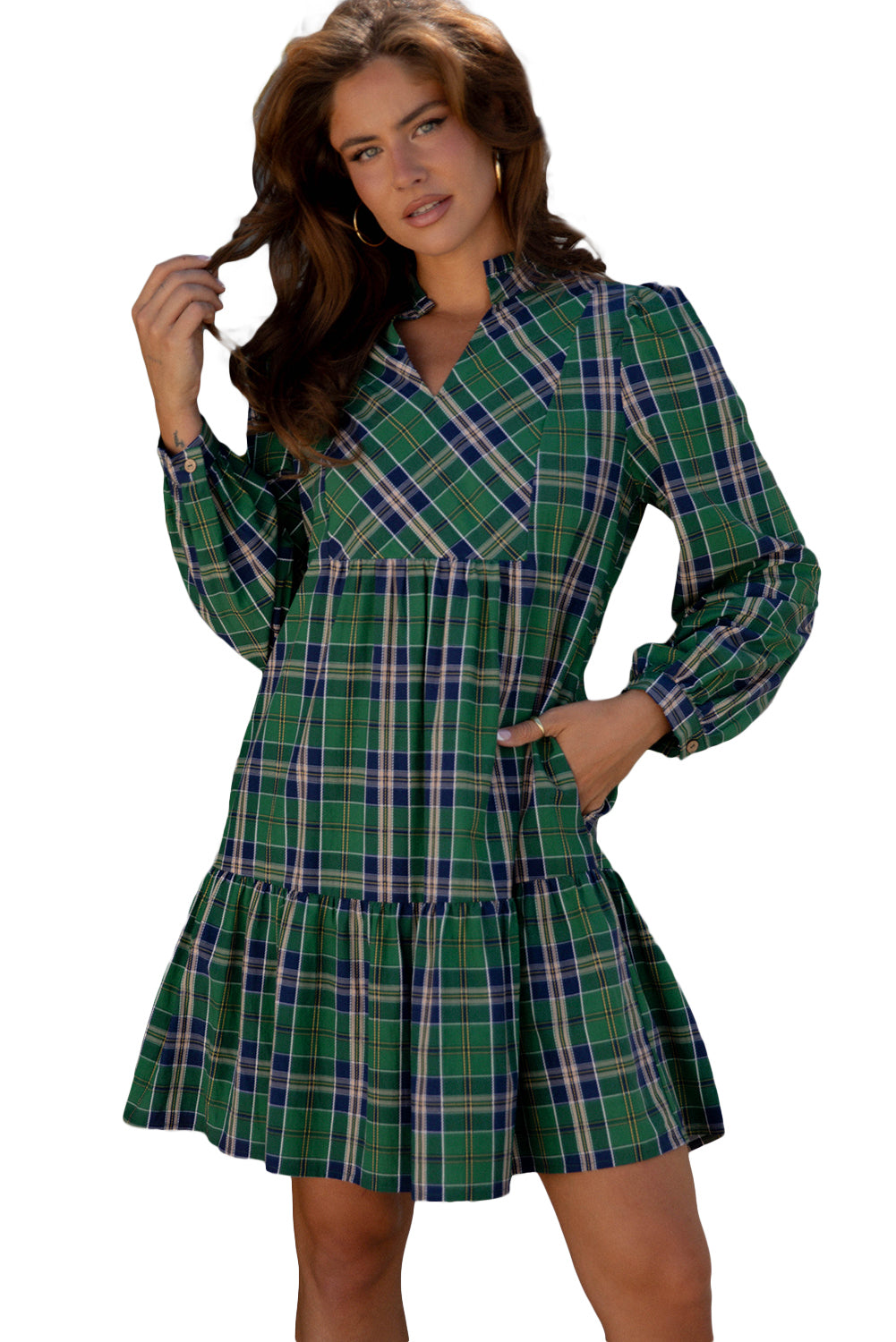 Green Plaid Print Frilly Collar Long Sleeve Shift Mini Dress