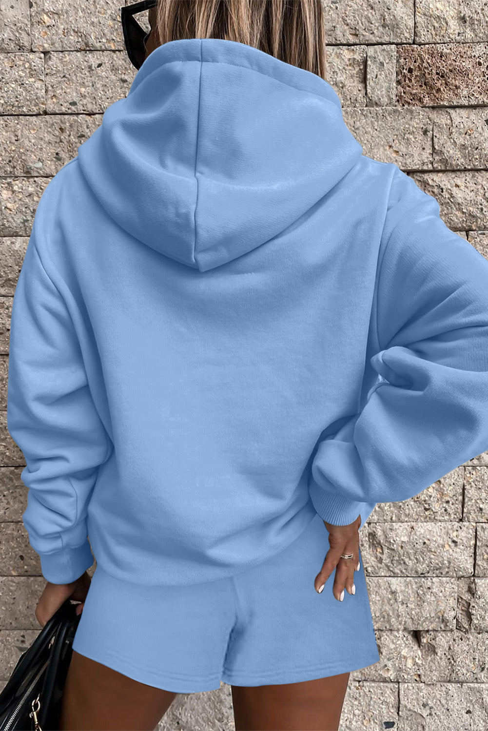 Navy Blue Button Drawstring Hooded Pullover and Casual Short Set