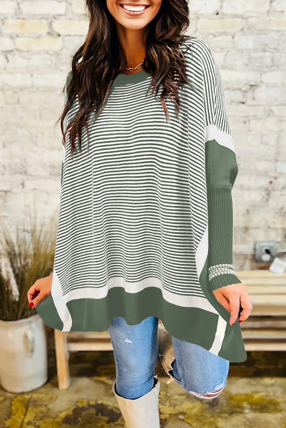 Green Stripe Color Block Patchwork Dolman Oversize Tunic Sweater