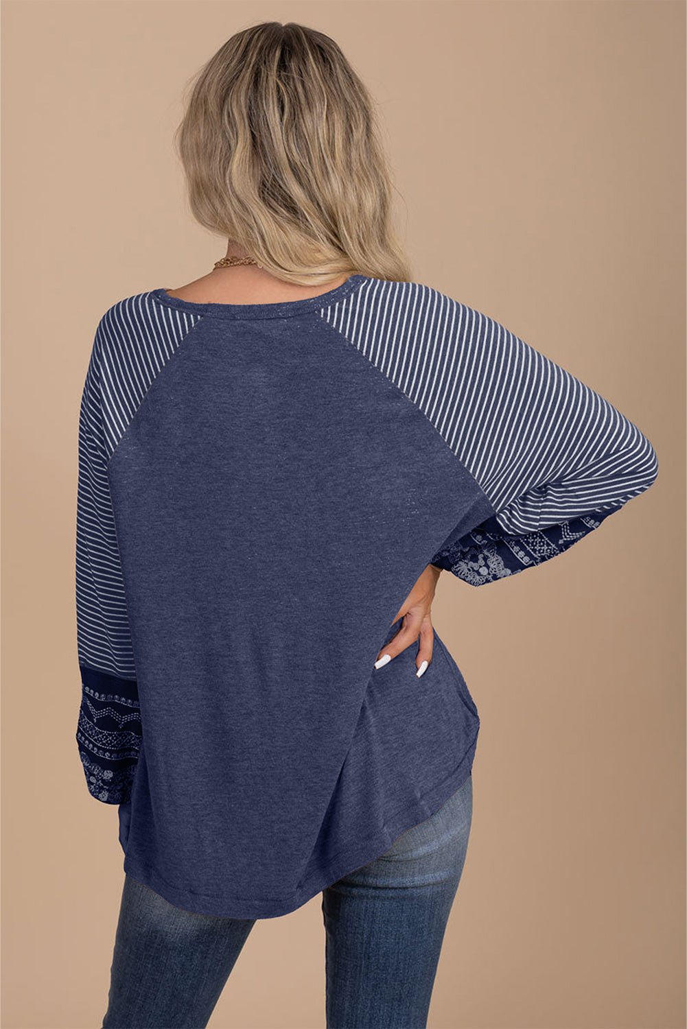 Mineral Red Contrast Print Striped Raglan Long Sleeve Loose Top