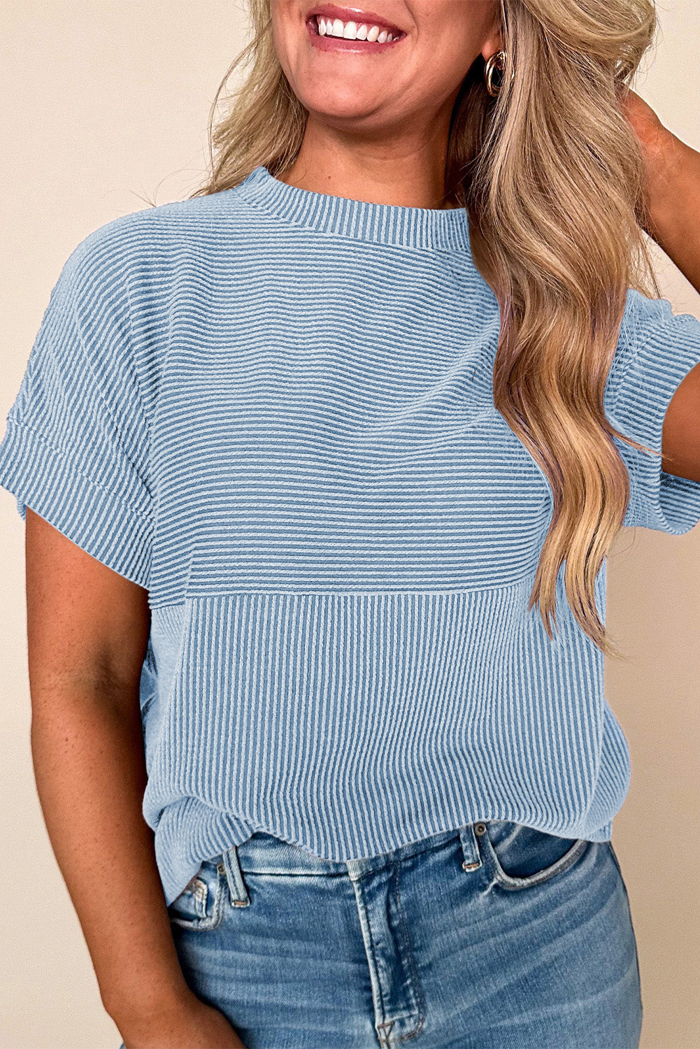 Bright Pink Plain Corded Knit Mock Neck T Shirt