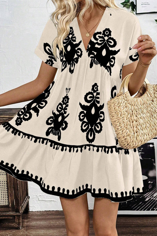 Black Vintage Print V Neck High Waist Short Sleeve Dress