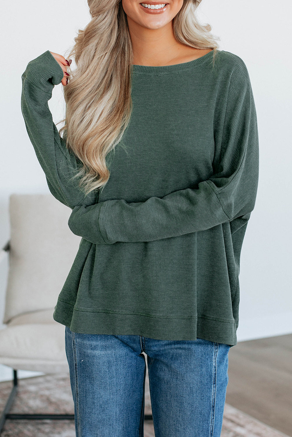 Bright Pink Waffle Knit Patchwork Long Sleeve Loose Top