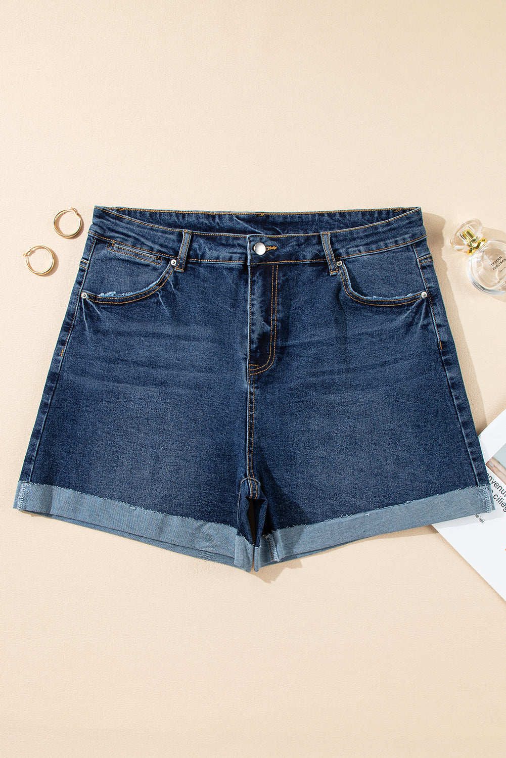 Beau Blue Folded Edge High Waist Plus Size Denim Shorts